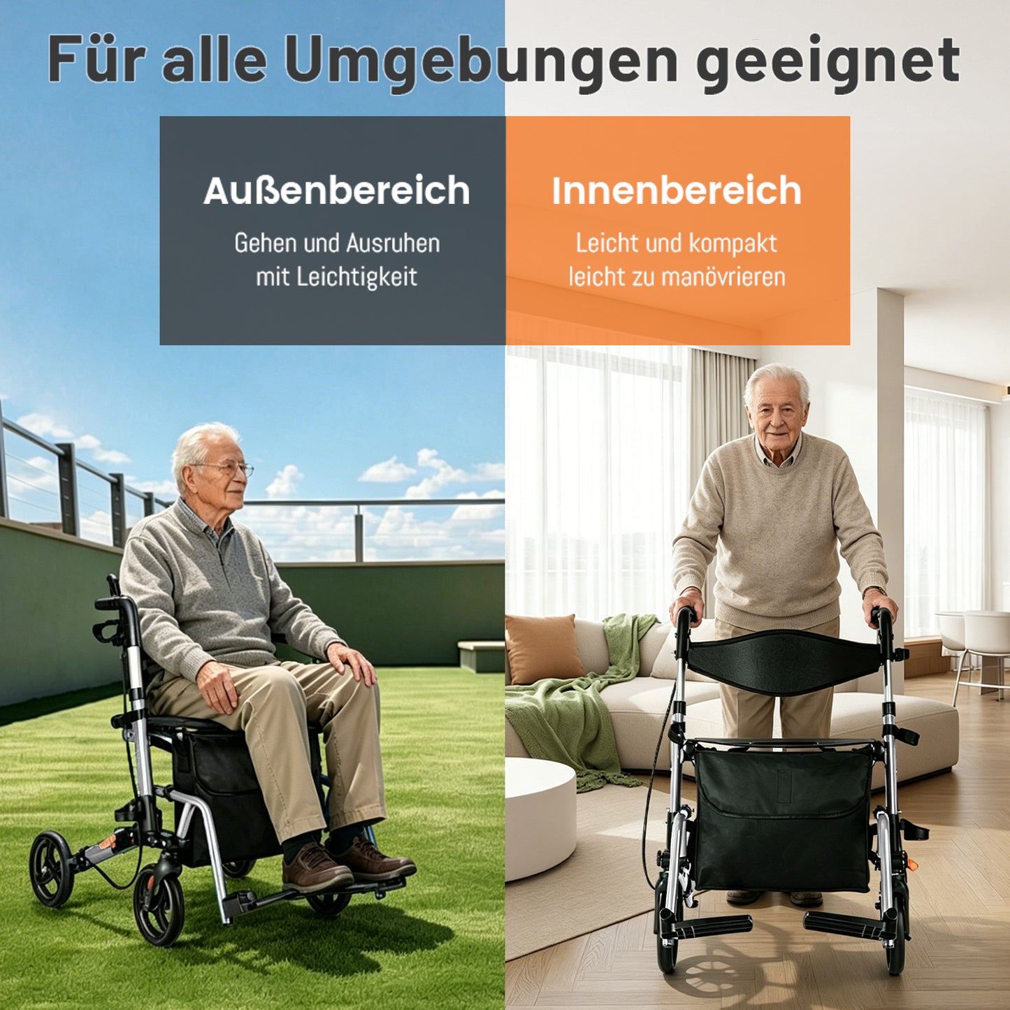 Invvqu W3-Y – 2-in-1 Rollator & Transportstuhl mit Fußstützen, faltbar, bis 150 kg