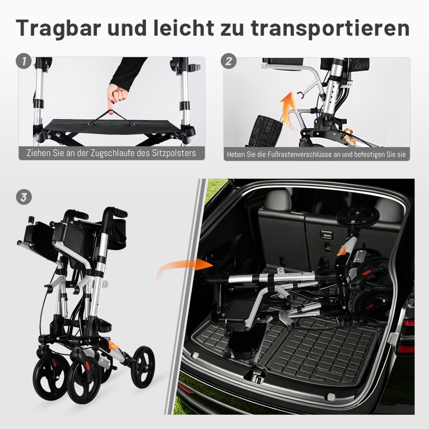 Invvqu W3-Y – 2-in-1 Rollator & Transportstuhl mit Fußstützen, faltbar, bis 150 kg
