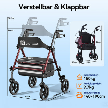Invvqu R4 Leichtgewicht Rollator mit Sitz – Klappbar, Höhenverstellbar, 8" All-Terrain-Räder, bis 150 kg