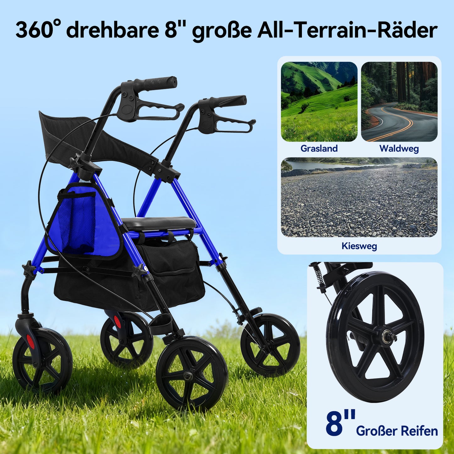 Invvqu W4-B – Stabiler Rollator mit Sitz & Tasche, 150 kg Tragkraft, 8-Zoll-Räder, Blau