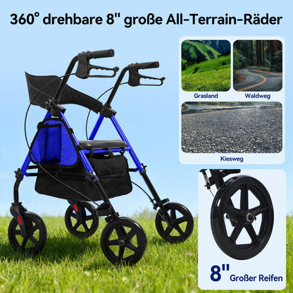 Invvqu W4-B – Stabiler Rollator mit Sitz & Tasche, 150 kg Tragkraft, 8-Zoll-Räder, Blau