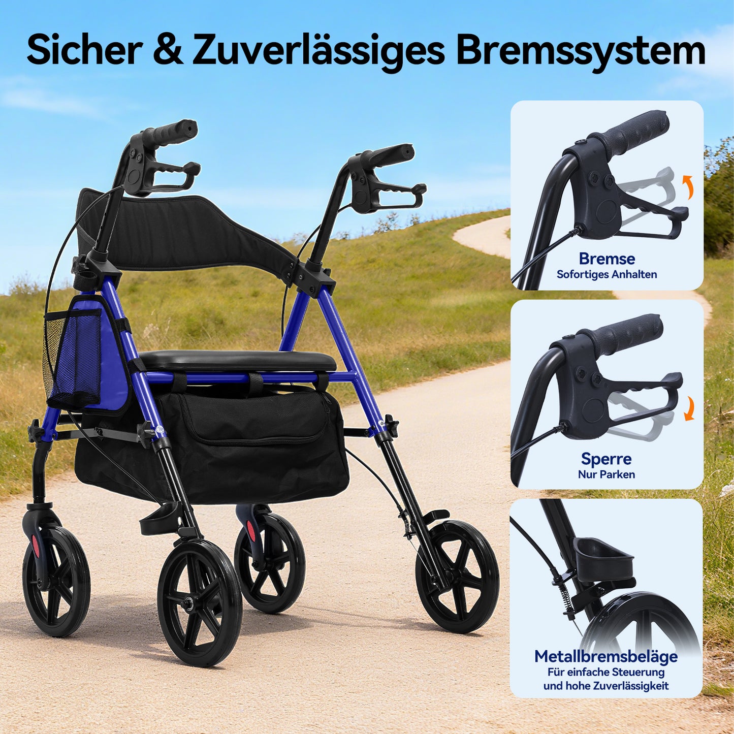Invvqu W4-B – Stabiler Rollator mit Sitz & Tasche, 150 kg Tragkraft, 8-Zoll-Räder, Blau
