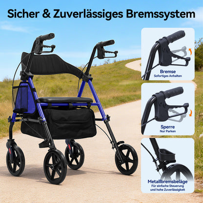 Invvqu W4-B – Stabiler Rollator mit Sitz & Tasche, 150 kg Tragkraft, 8-Zoll-Räder, Blau