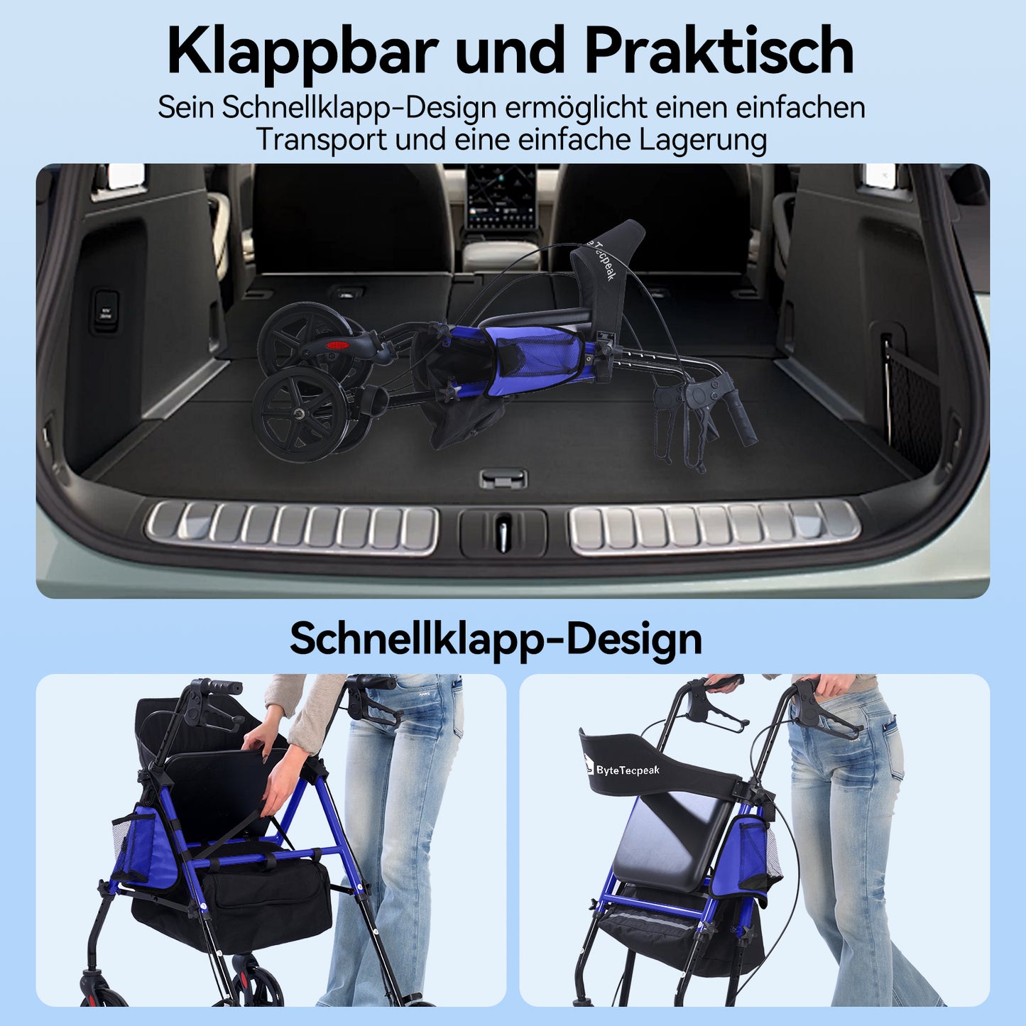 Invvqu W4-B – Stabiler Rollator mit Sitz & Tasche, 150 kg Tragkraft, 8-Zoll-Räder, Blau