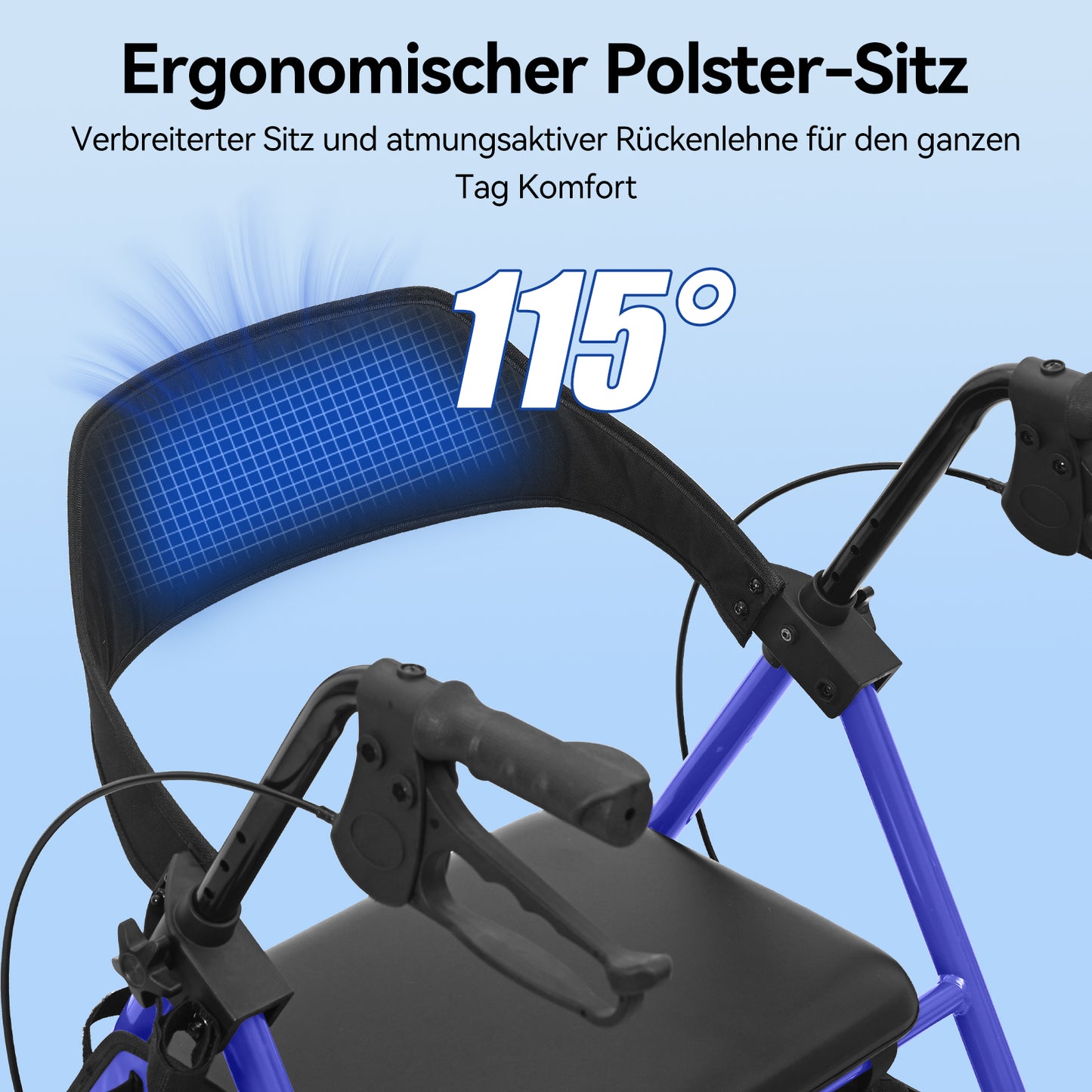 Invvqu W4-B – Stabiler Rollator mit Sitz & Tasche, 150 kg Tragkraft, 8-Zoll-Räder, Blau