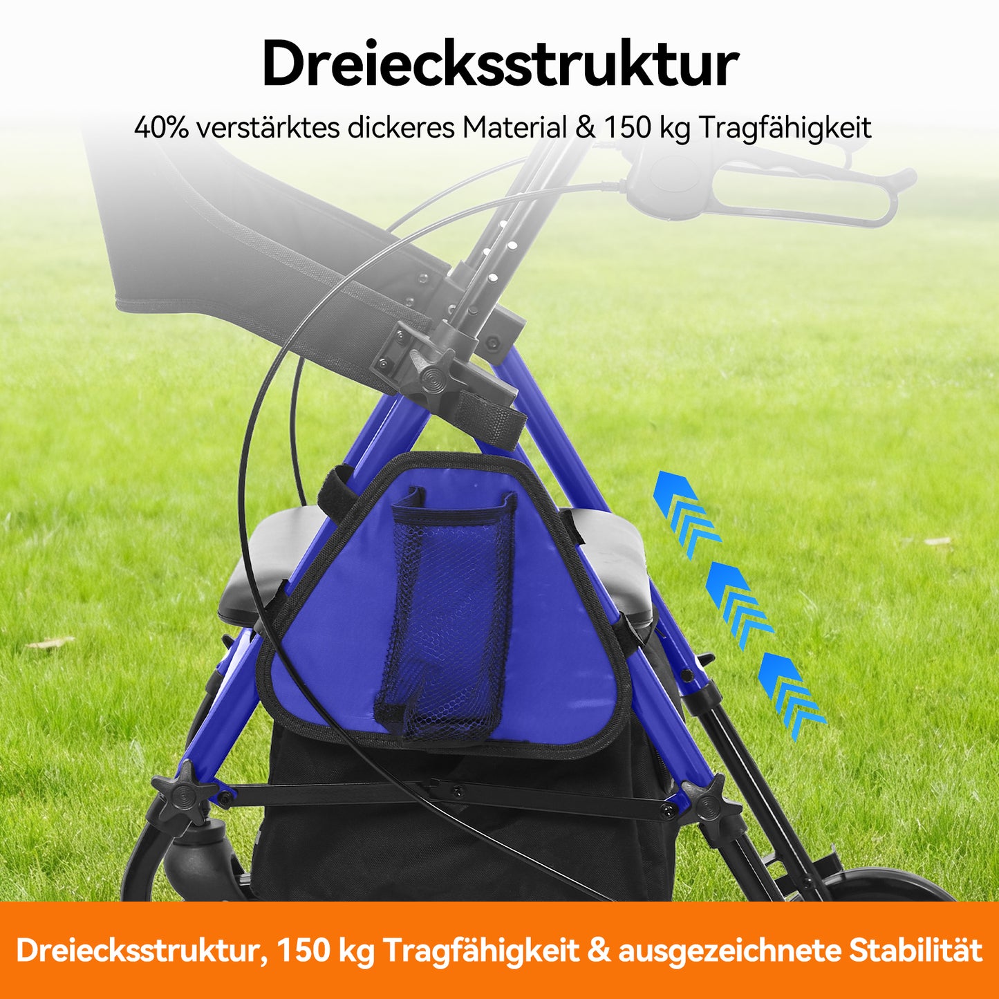 Invvqu W4-B – Stabiler Rollator mit Sitz & Tasche, 150 kg Tragkraft, 8-Zoll-Räder, Blau
