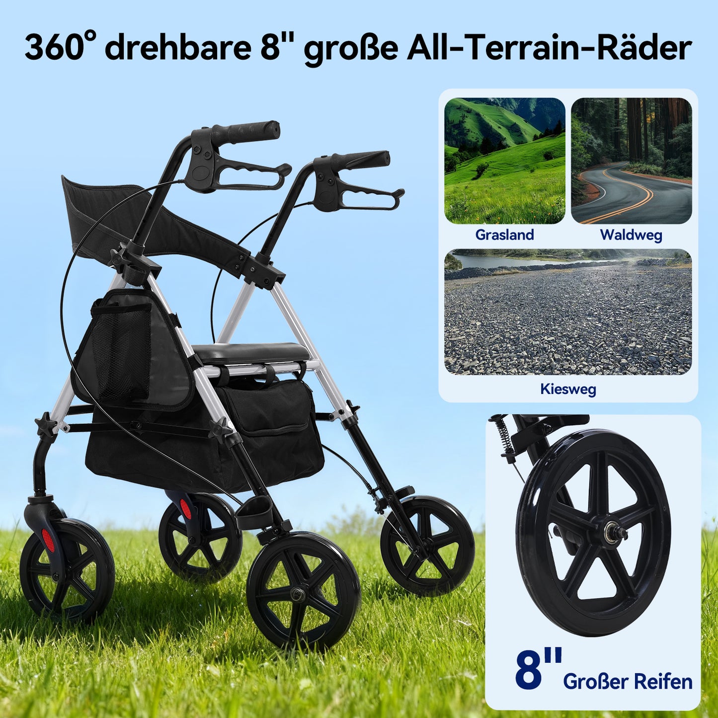 Invvqu W4-S– Stabiler Rollator mit Sitz & Tasche, 150 kg Tragkraft, 8-Zoll-Räder, Blau