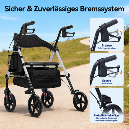 Invvqu W4-S– Stabiler Rollator mit Sitz & Tasche, 150 kg Tragkraft, 8-Zoll-Räder, Blau