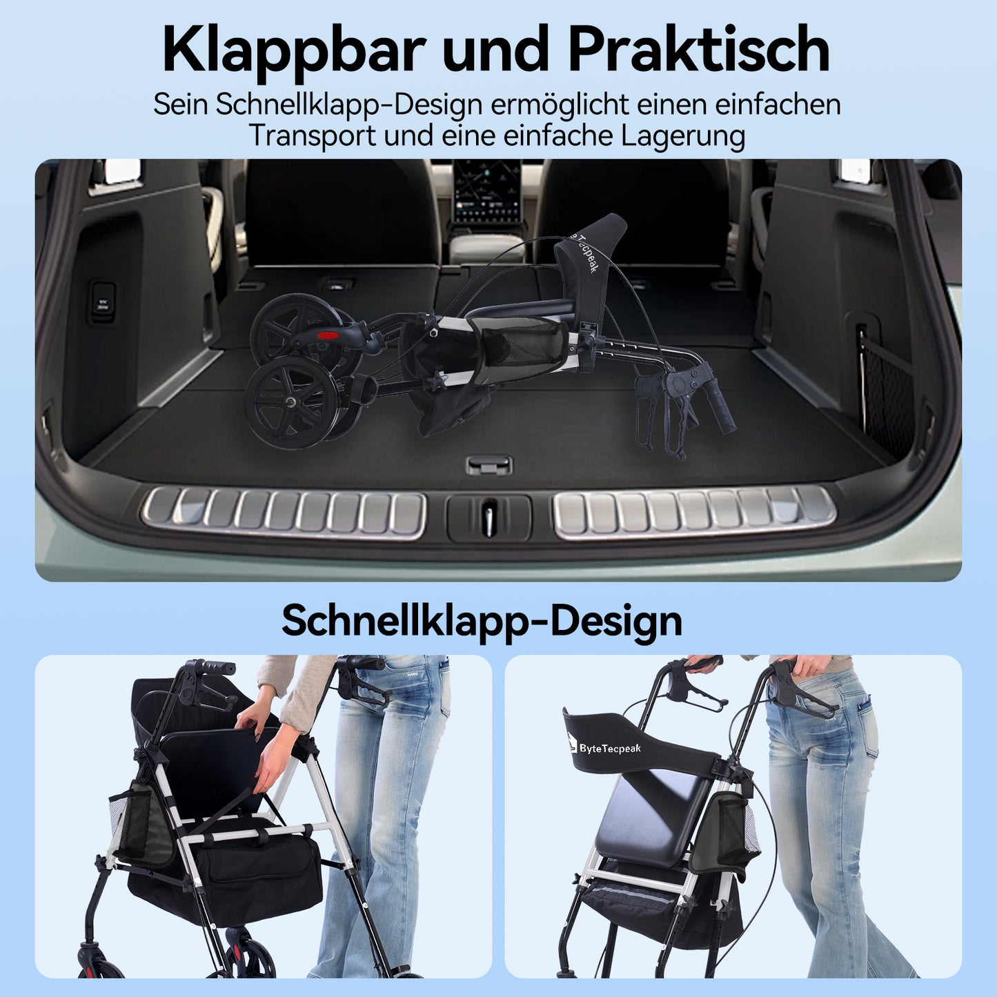 Invvqu W4-S– Stabiler Rollator mit Sitz & Tasche, 150 kg Tragkraft, 8-Zoll-Räder, Blau