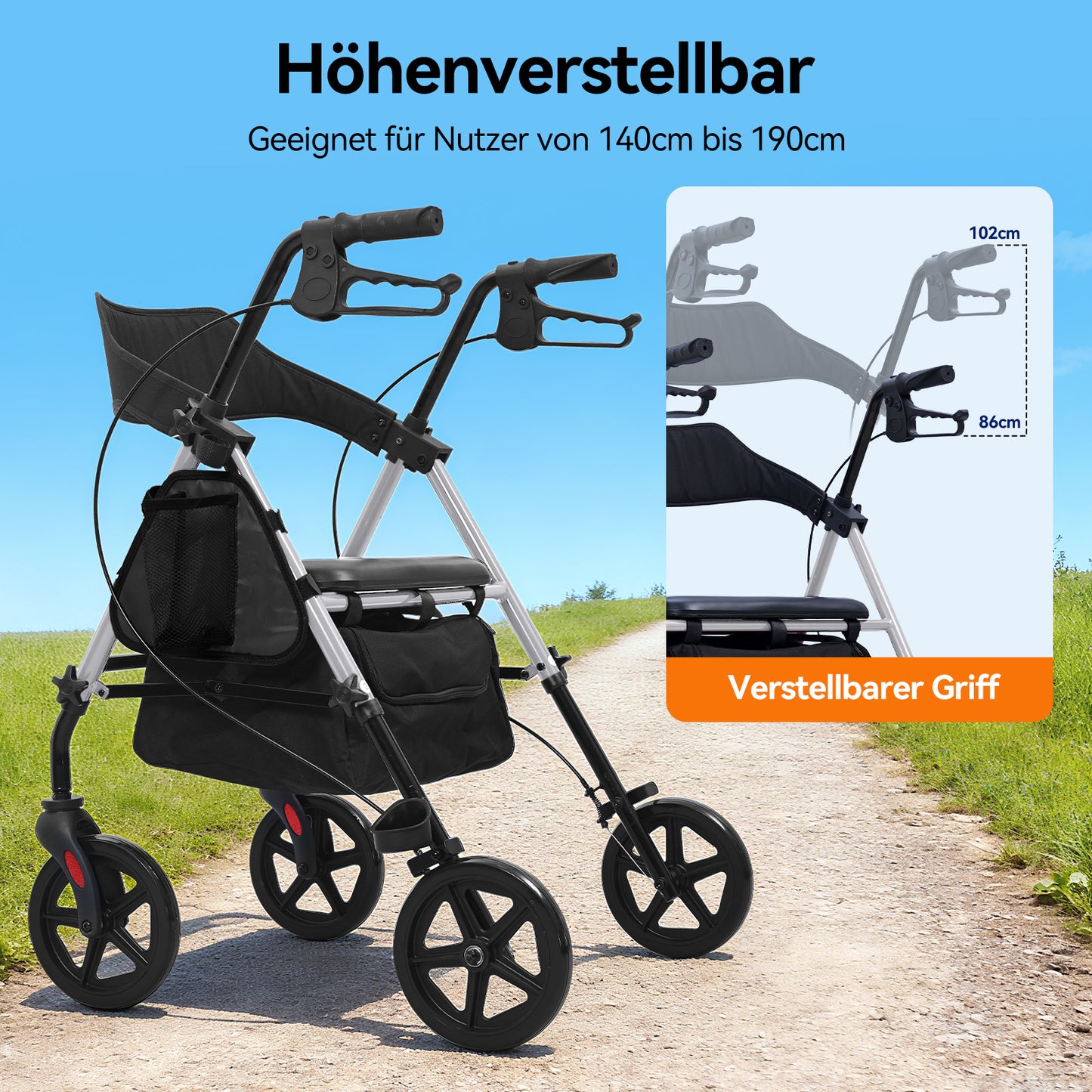 Invvqu W4-S– Stabiler Rollator mit Sitz & Tasche, 150 kg Tragkraft, 8-Zoll-Räder, Blau