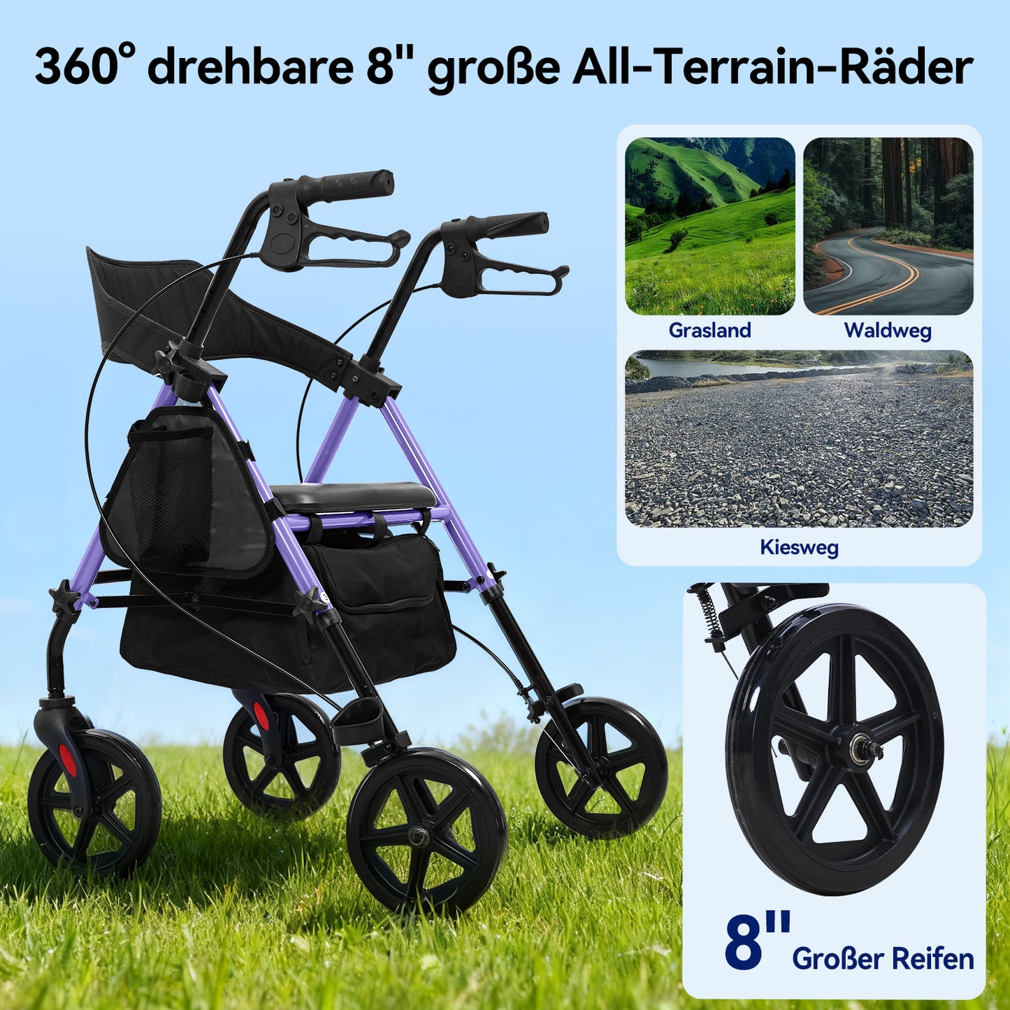 Invvqu W4-L – Stabiler Rollator mit Sitz & Tasche, 150 kg Tragkraft, 8-Zoll-Räder, Blau