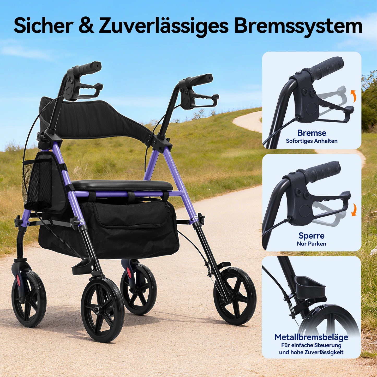Invvqu W4-L – Stabiler Rollator mit Sitz & Tasche, 150 kg Tragkraft, 8-Zoll-Räder, Blau