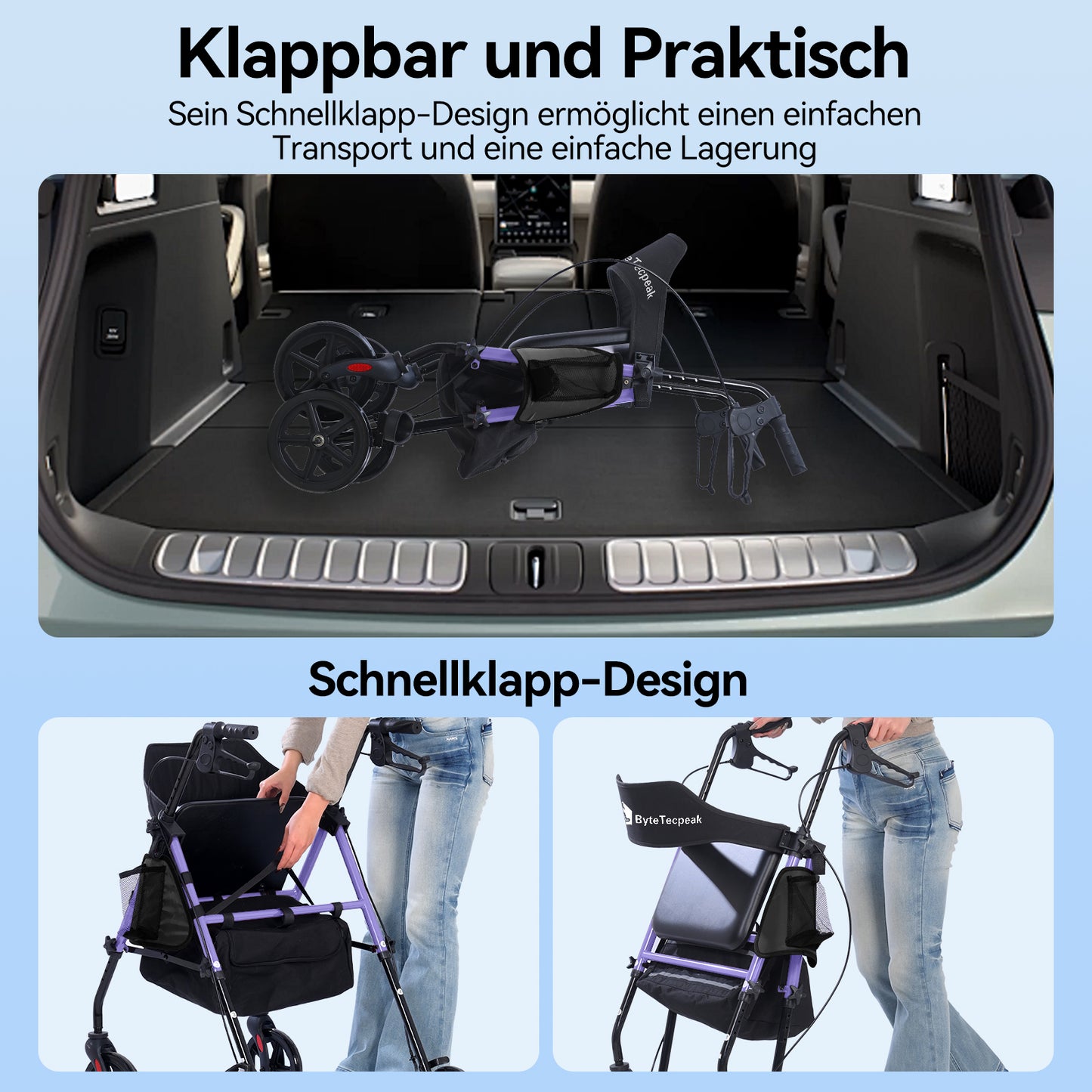 Invvqu W4-L – Stabiler Rollator mit Sitz & Tasche, 150 kg Tragkraft, 8-Zoll-Räder, Blau
