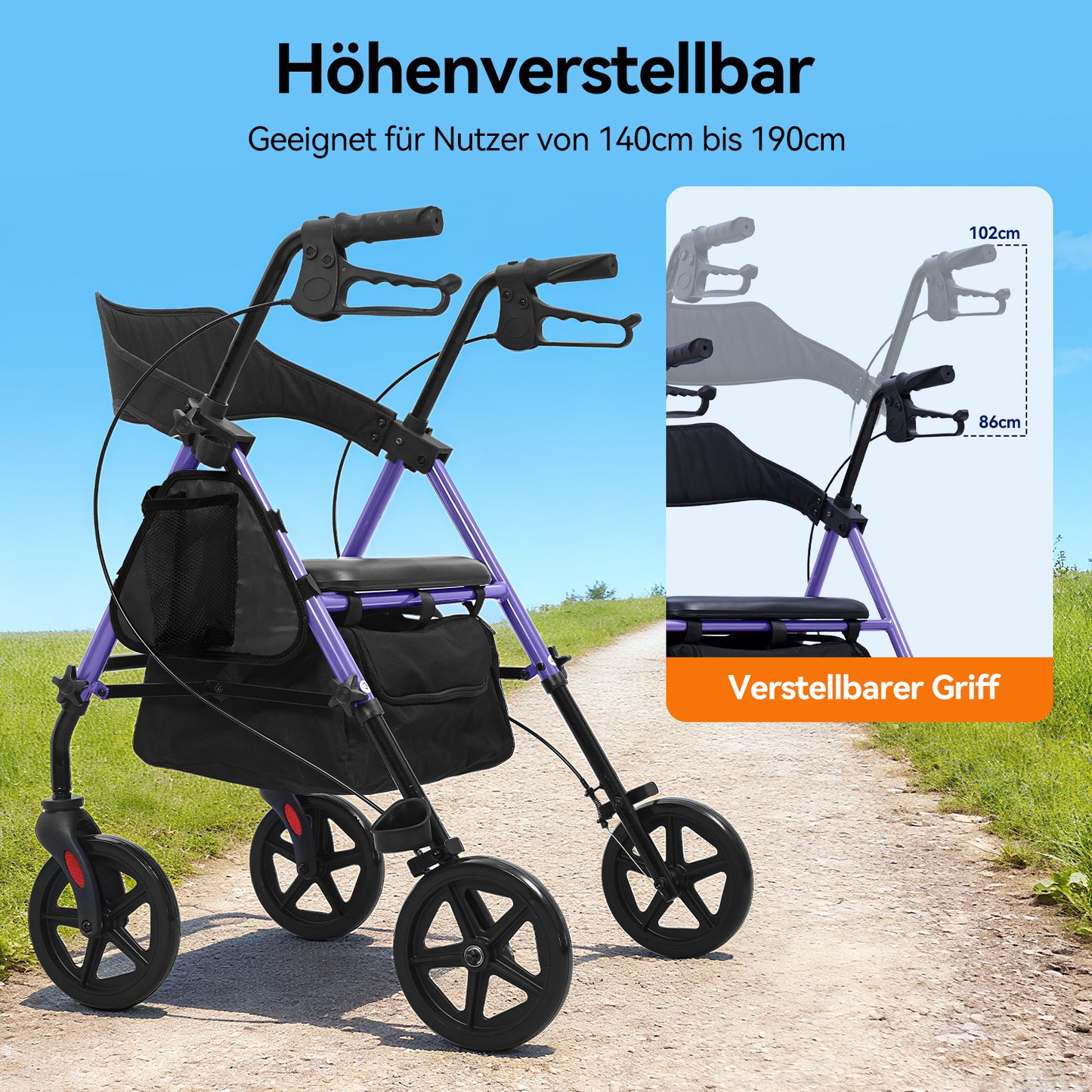 Invvqu W4-L – Stabiler Rollator mit Sitz & Tasche, 150 kg Tragkraft, 8-Zoll-Räder, Blau