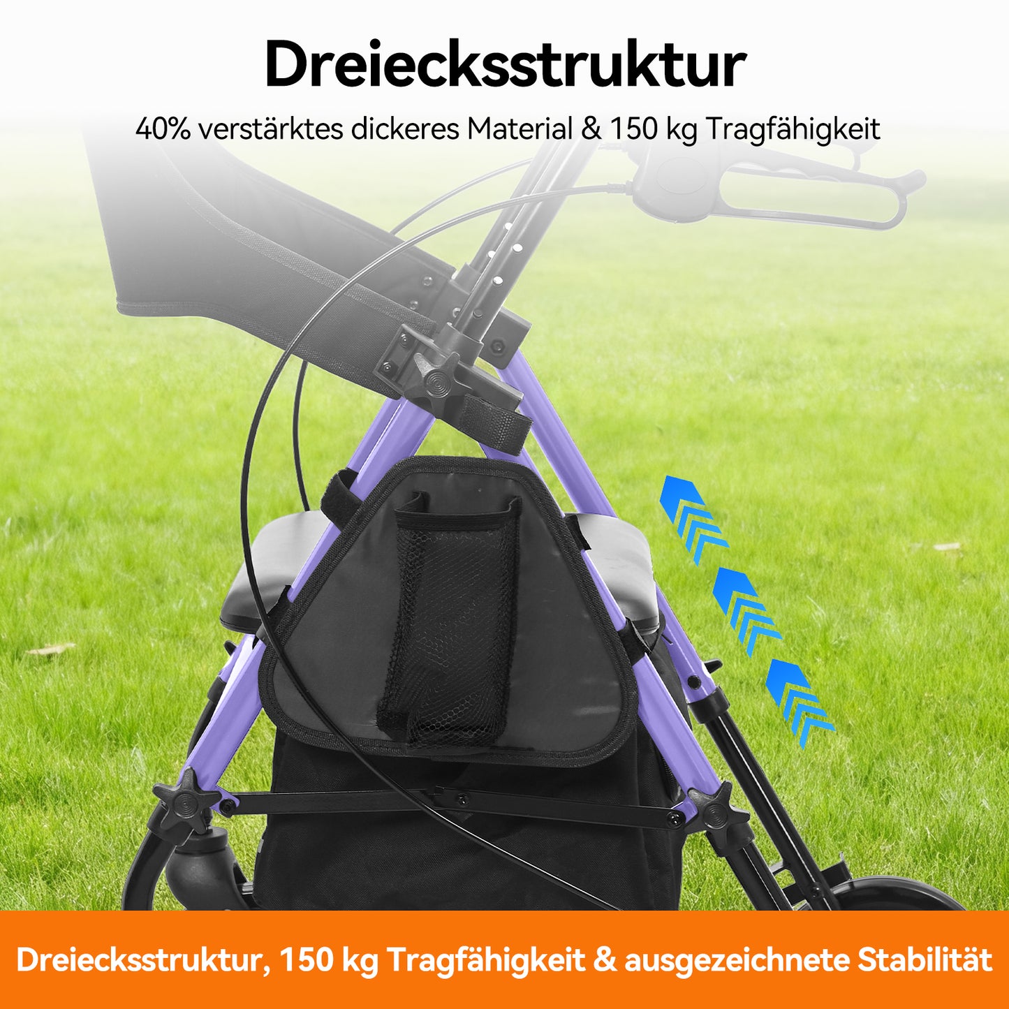 Invvqu W4-L – Stabiler Rollator mit Sitz & Tasche, 150 kg Tragkraft, 8-Zoll-Räder, Blau