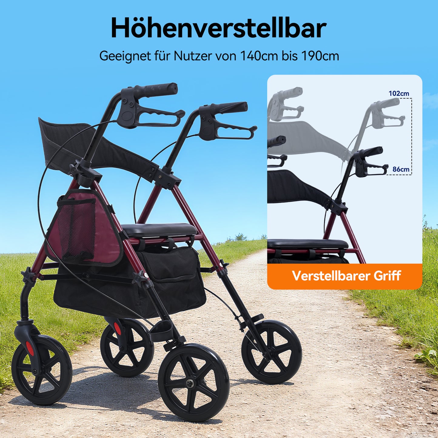 Invvqu R4 Leichtgewicht Rollator mit Sitz – Klappbar, Höhenverstellbar, 8" All-Terrain-Räder, bis 150 kg