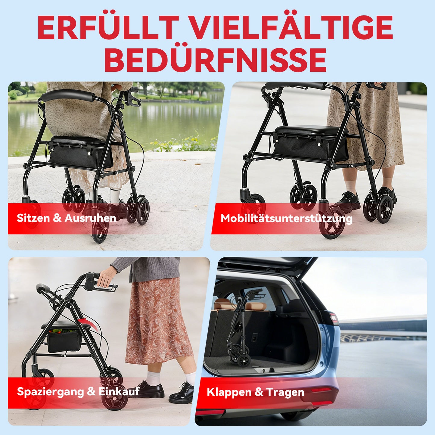 Invvqu W5 – Leichter faltbarer Rollator, 8,14 kg, mit Sitz & Tasche, höhenverstellbartellbar