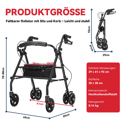 Invvqu W5 – Leichter faltbarer Rollator, 8,14 kg, mit Sitz & Tasche, höhenverstellbartellbar