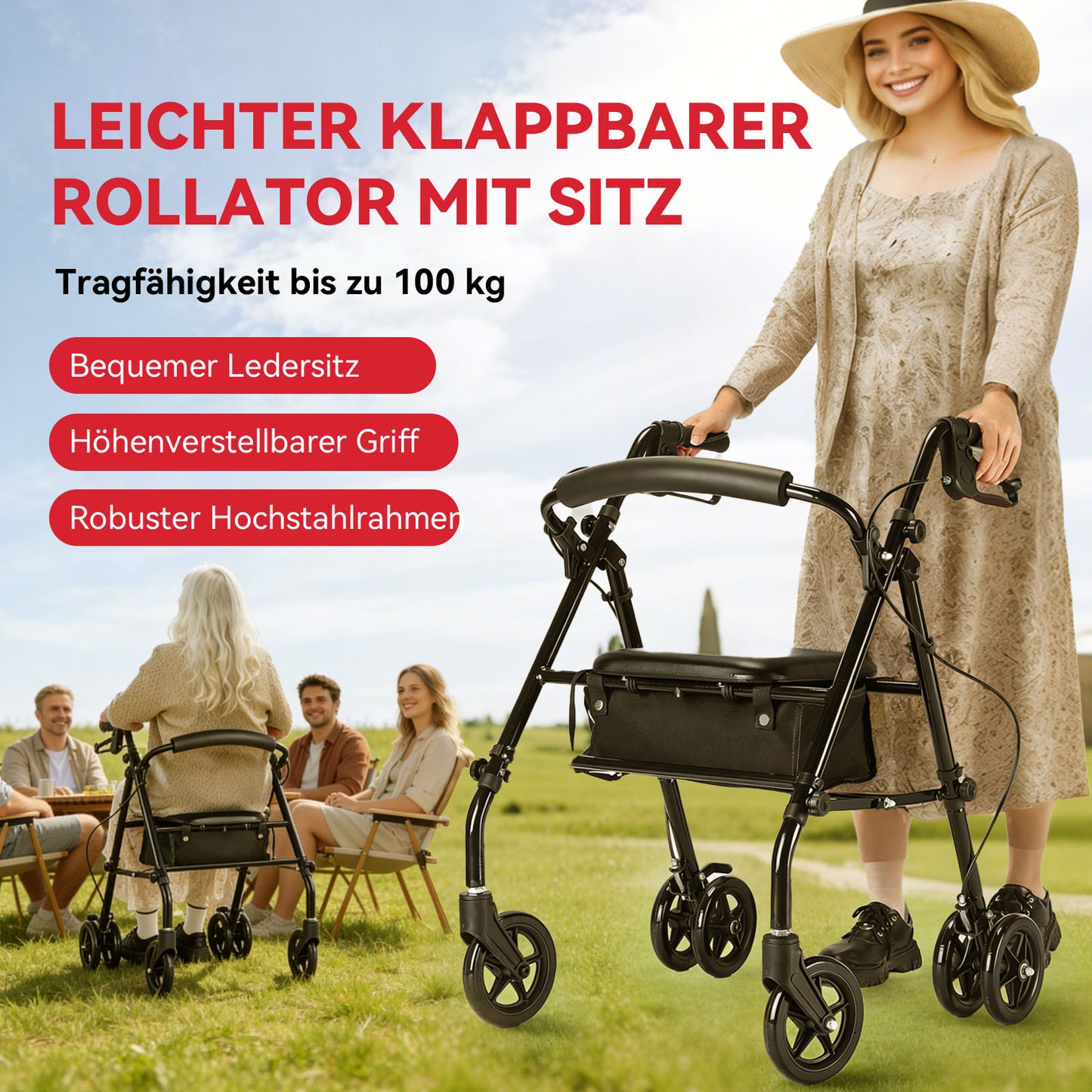 Invvqu W5 – Leichter faltbarer Rollator, 8,14 kg, mit Sitz & Tasche, höhenverstellbartellbar