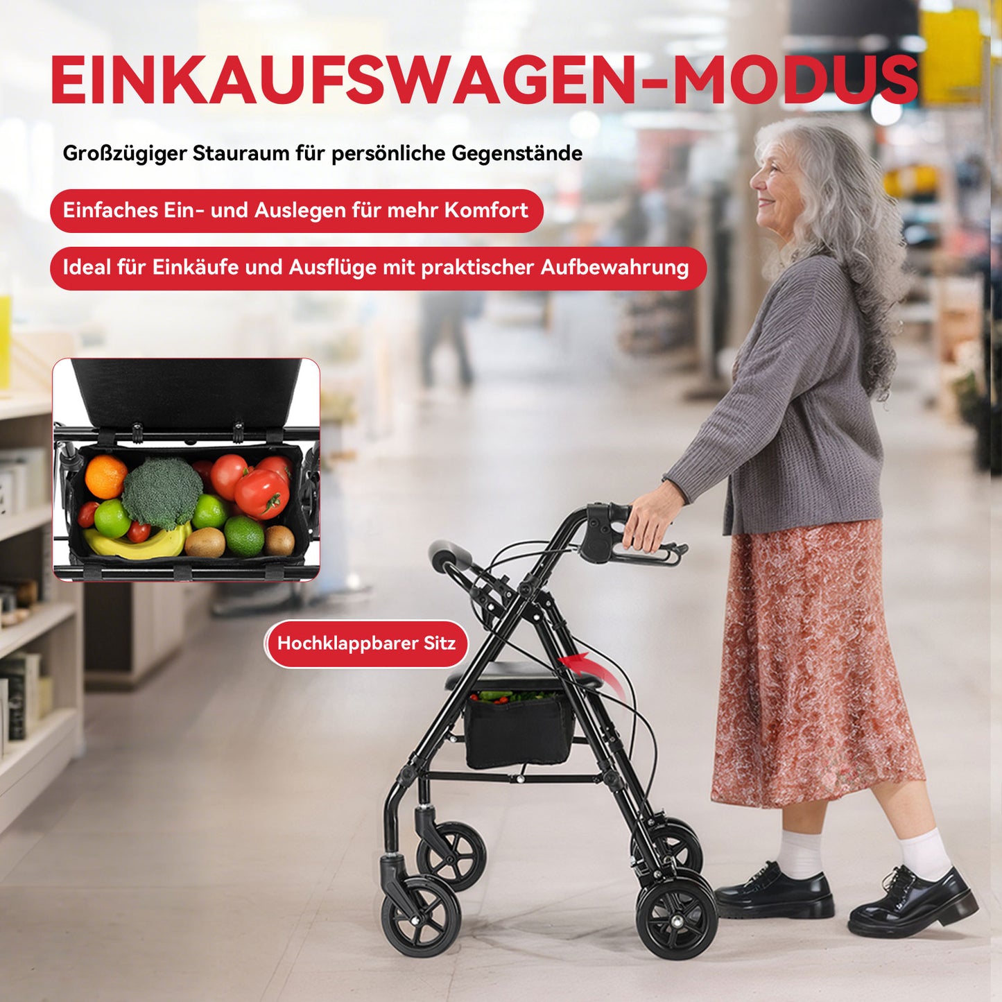 Invvqu W5 – Leichter faltbarer Rollator, 8,14 kg, mit Sitz & Tasche, höhenverstellbartellbar
