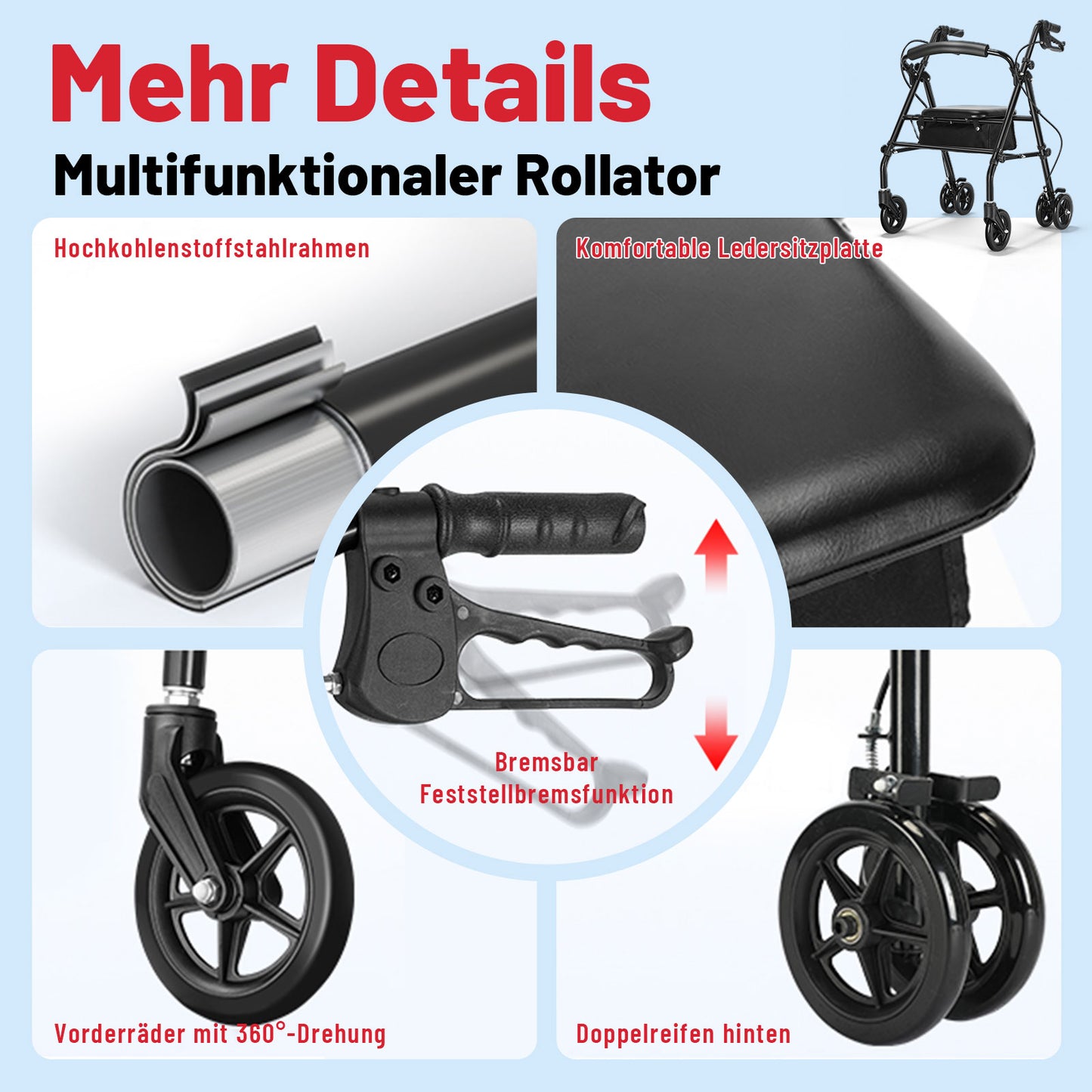 Invvqu W5 – Leichter faltbarer Rollator, 8,14 kg, mit Sitz & Tasche, höhenverstellbartellbar