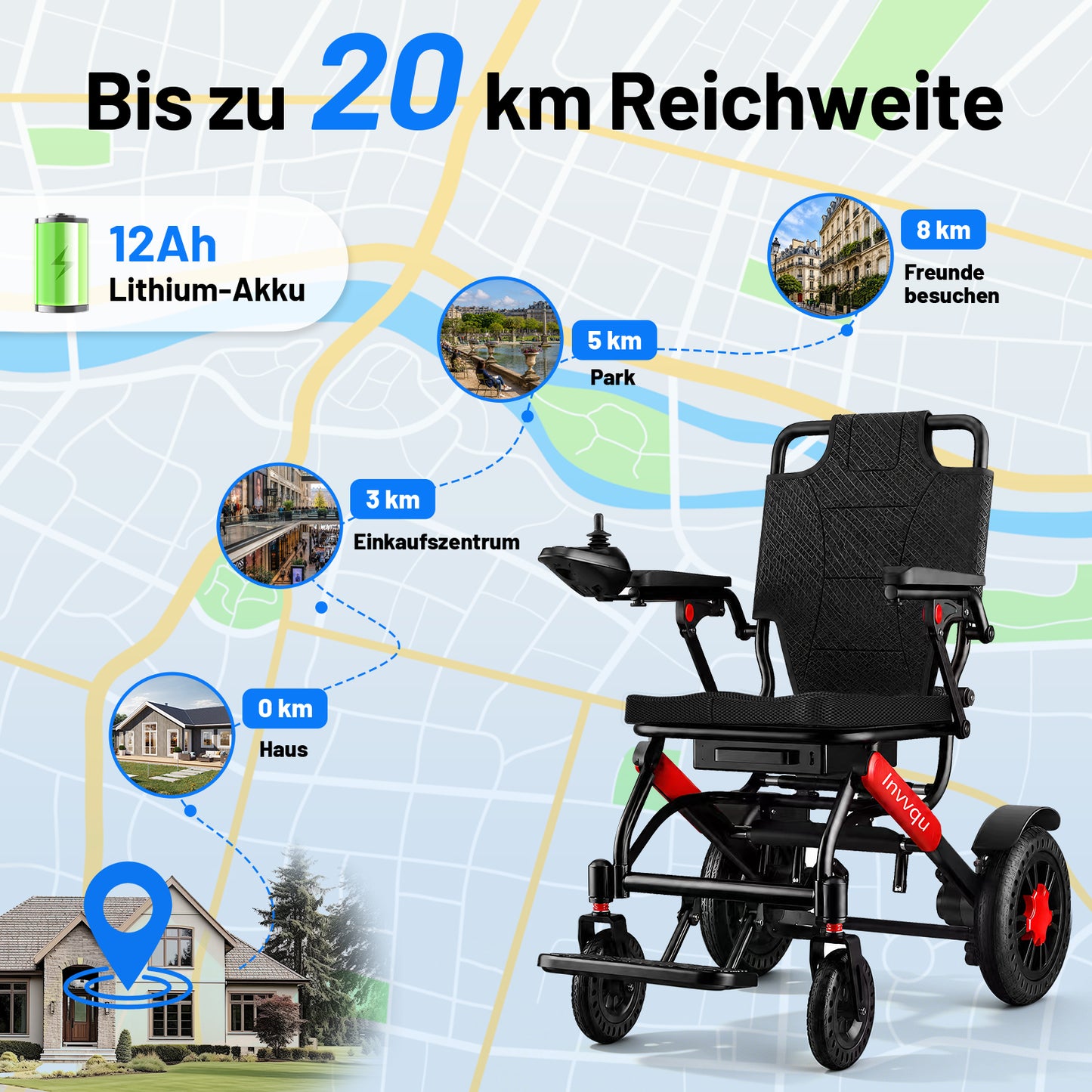 Invvqu V4-H – Faltbarer Elektrorollstuhl mit starkem 500-W-Motor, stabil bis 150 kg