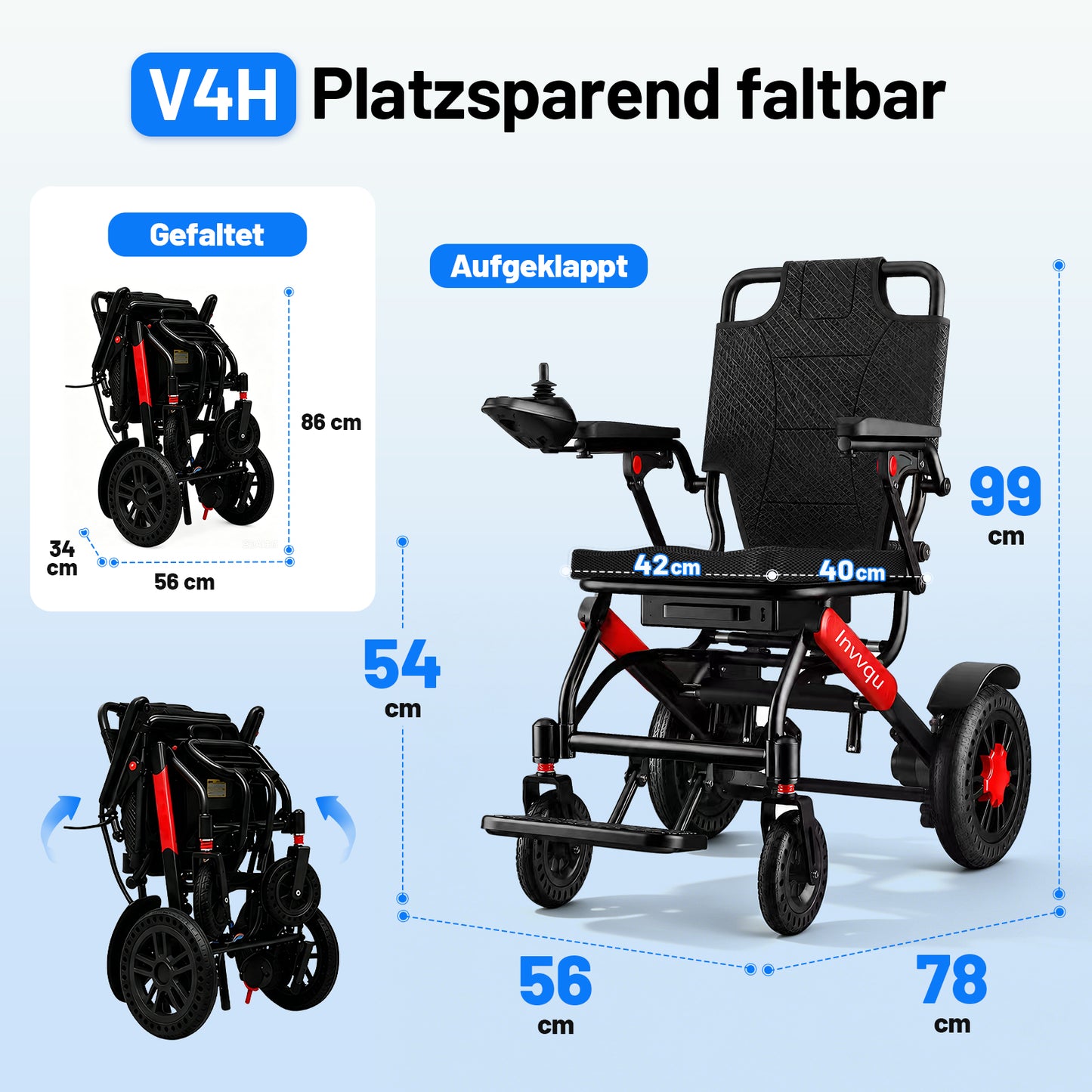 Invvqu V4-H – Faltbarer Elektrorollstuhl mit starkem 500-W-Motor, stabil bis 150 kg