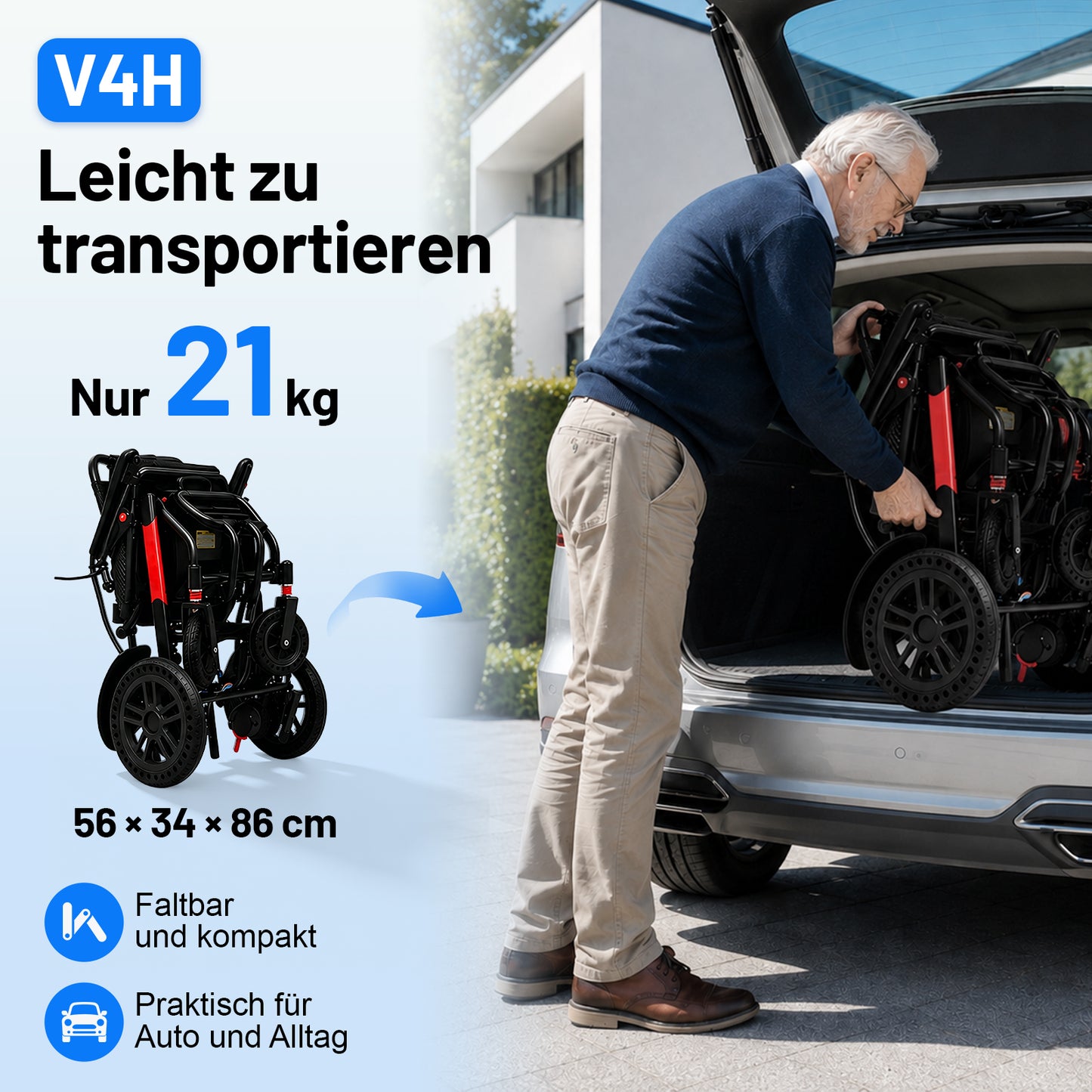 Invvqu V4-H – Faltbarer Elektrorollstuhl mit starkem 500-W-Motor, stabil bis 150 kg
