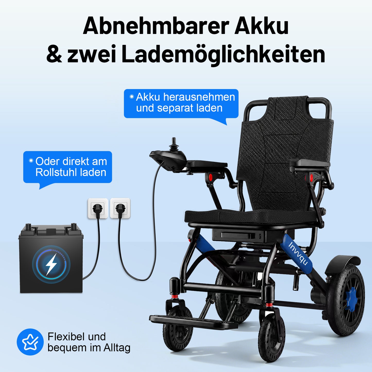 Invvqu V4-L – Stabiler faltbarer Elektrorollstuhl, 500 W, 12 Ah, bis 150 kg