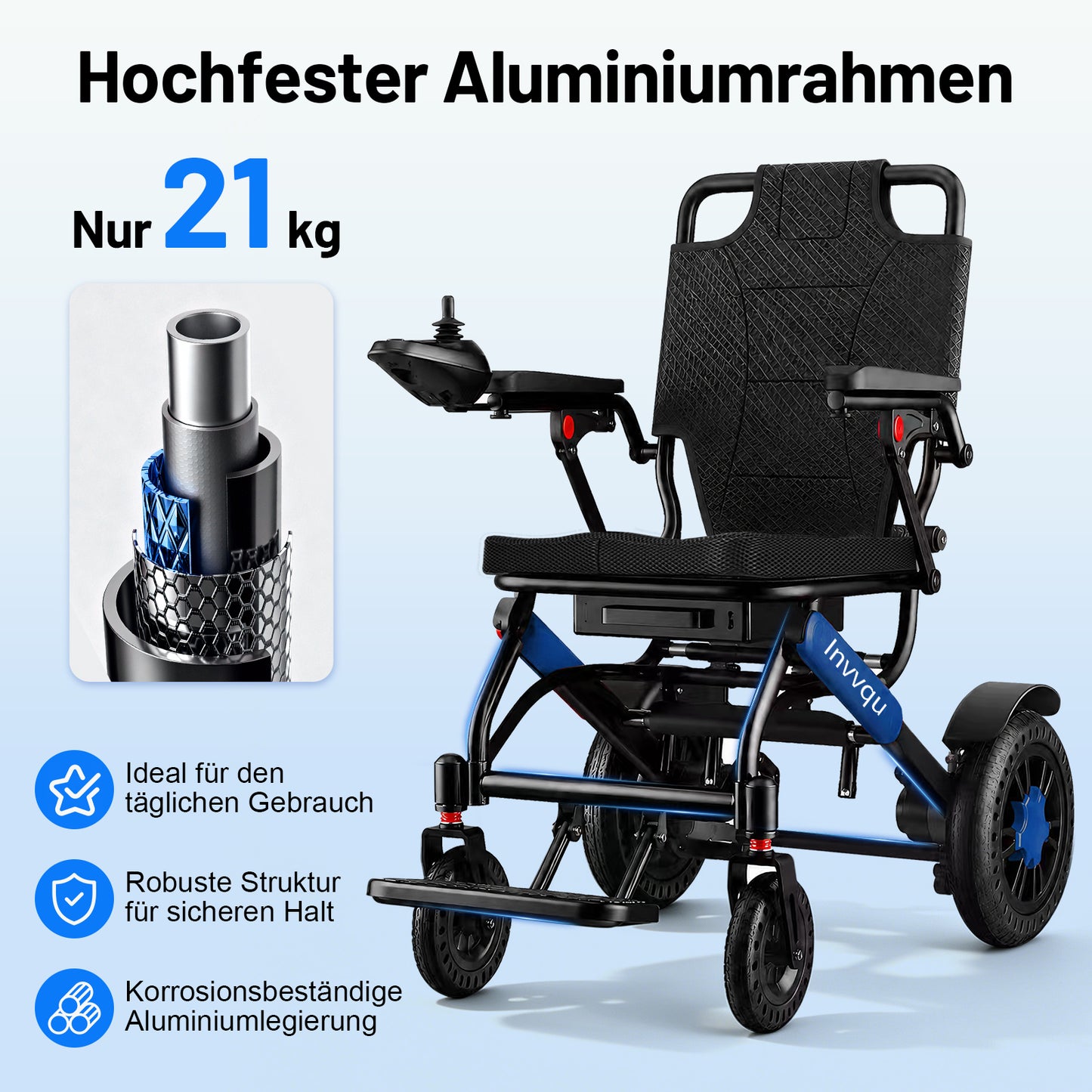 Invvqu V4-L – Stabiler faltbarer Elektrorollstuhl, 500 W, 12 Ah, bis 150 kg