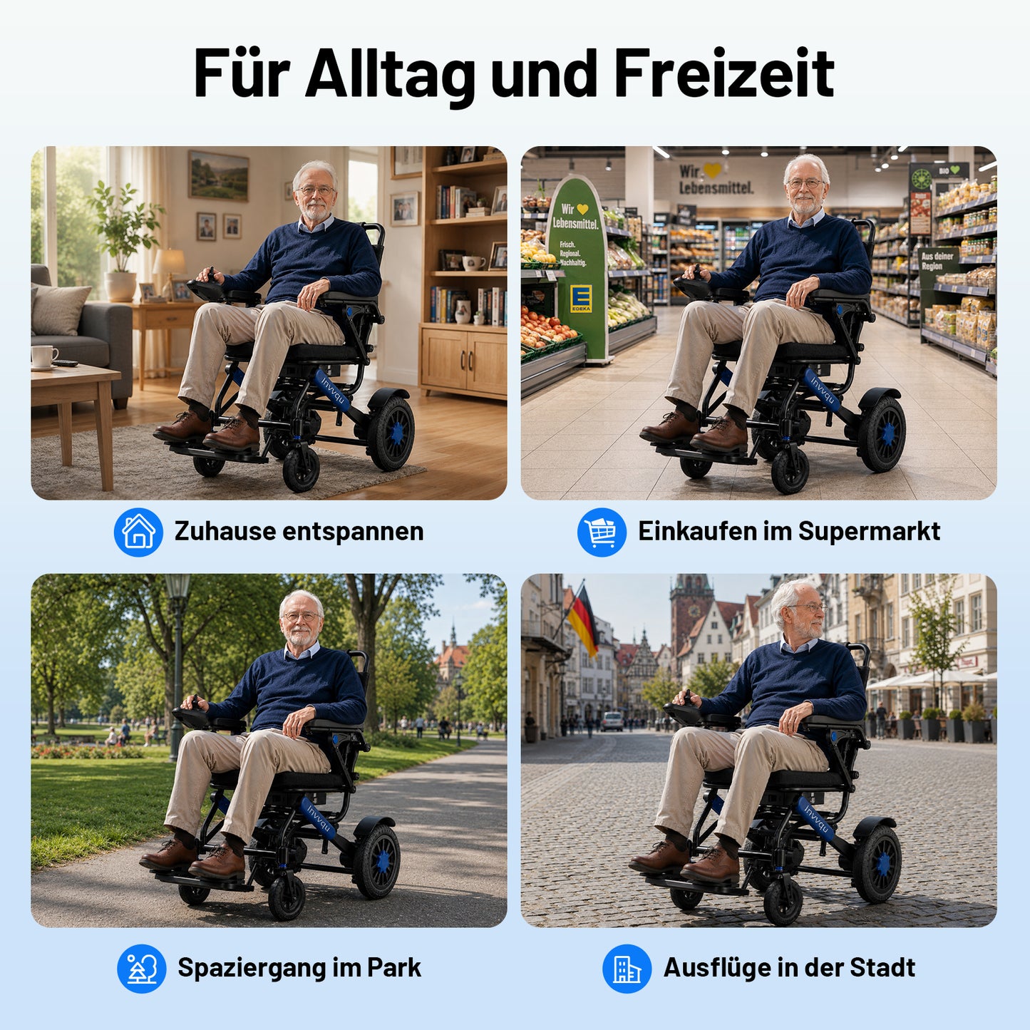 Invvqu V4-L – Stabiler faltbarer Elektrorollstuhl, 500 W, 12 Ah, bis 150 kg