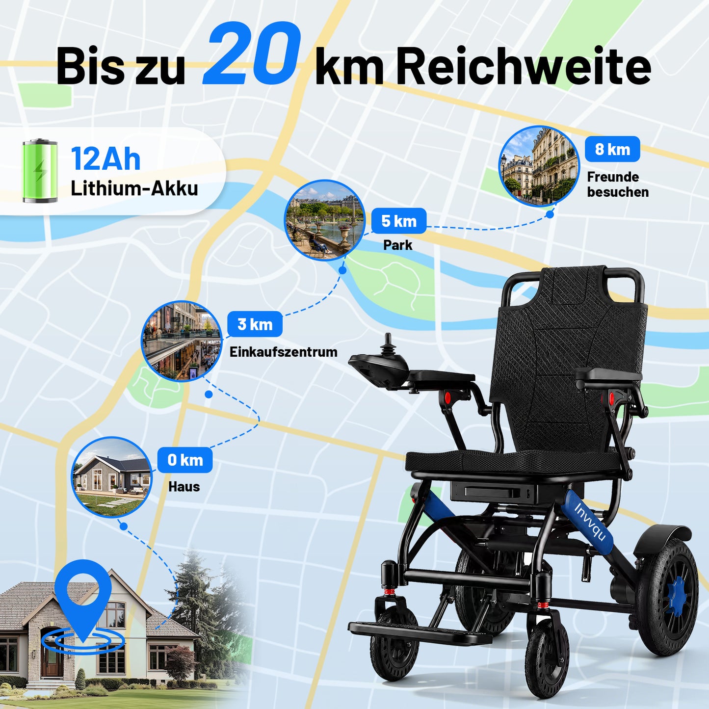Invvqu V4-L – Stabiler faltbarer Elektrorollstuhl, 500 W, 12 Ah, bis 150 kg