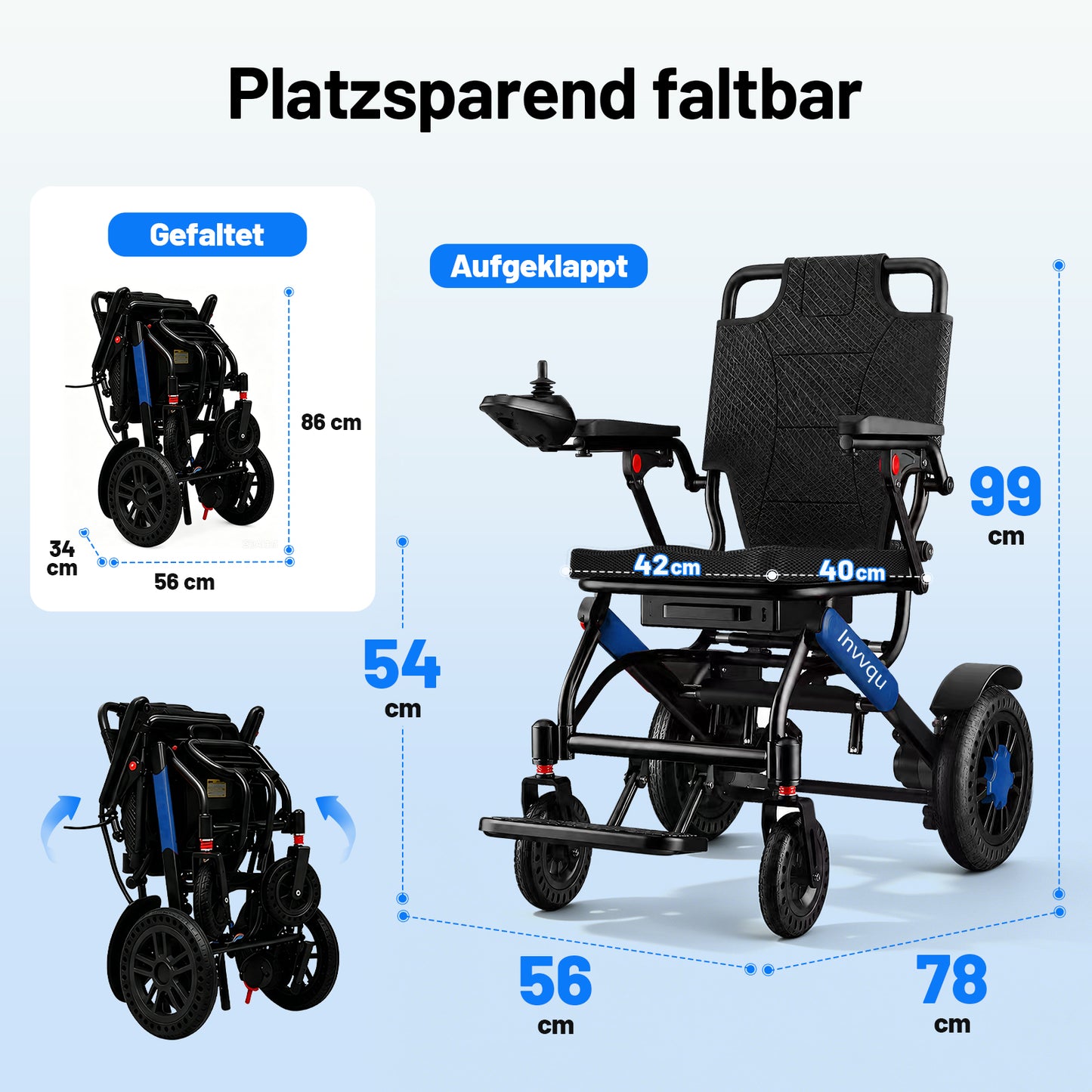Invvqu V4-L – Stabiler faltbarer Elektrorollstuhl, 500 W, 12 Ah, bis 150 kg