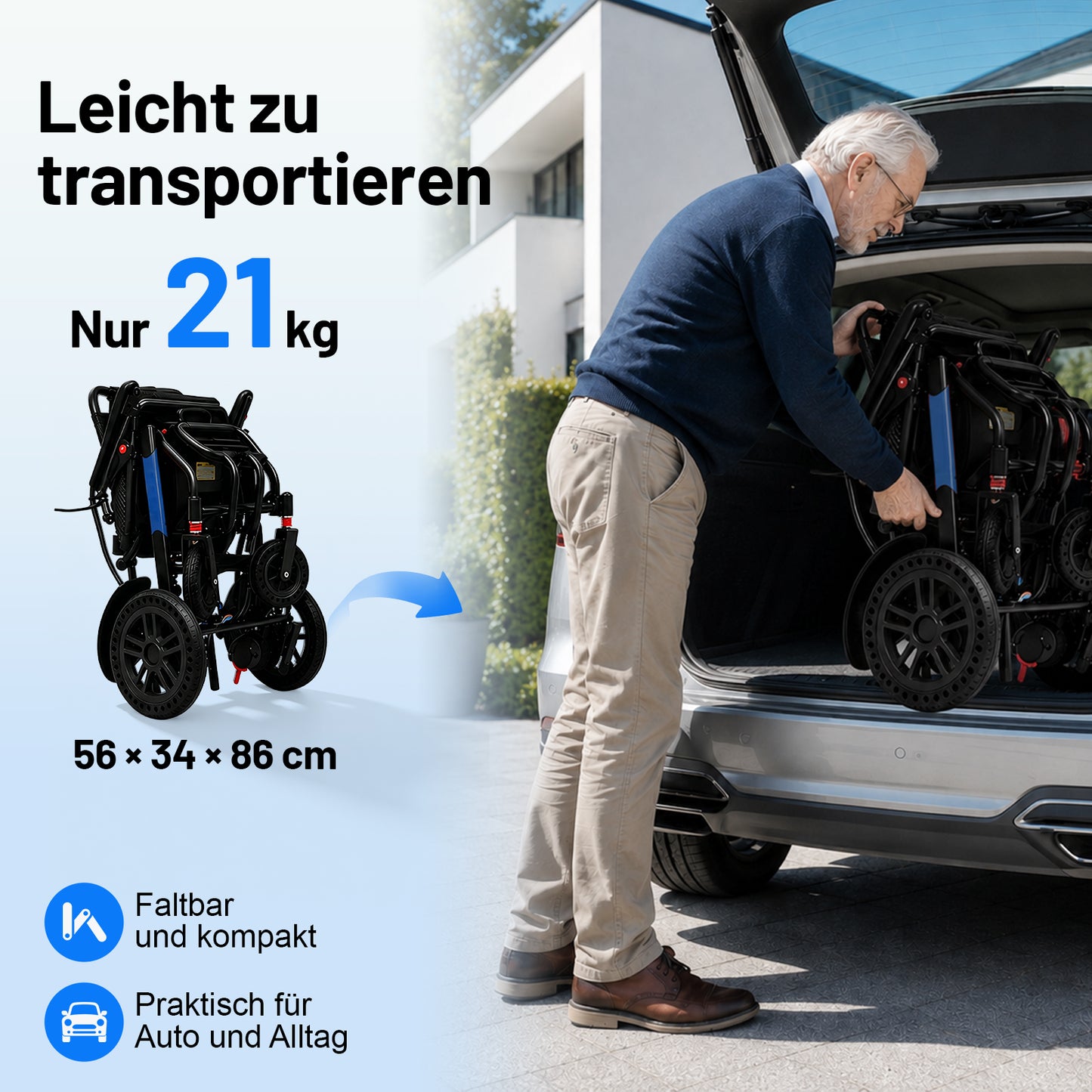 Invvqu V4-L – Stabiler faltbarer Elektrorollstuhl, 500 W, 12 Ah, bis 150 kg
