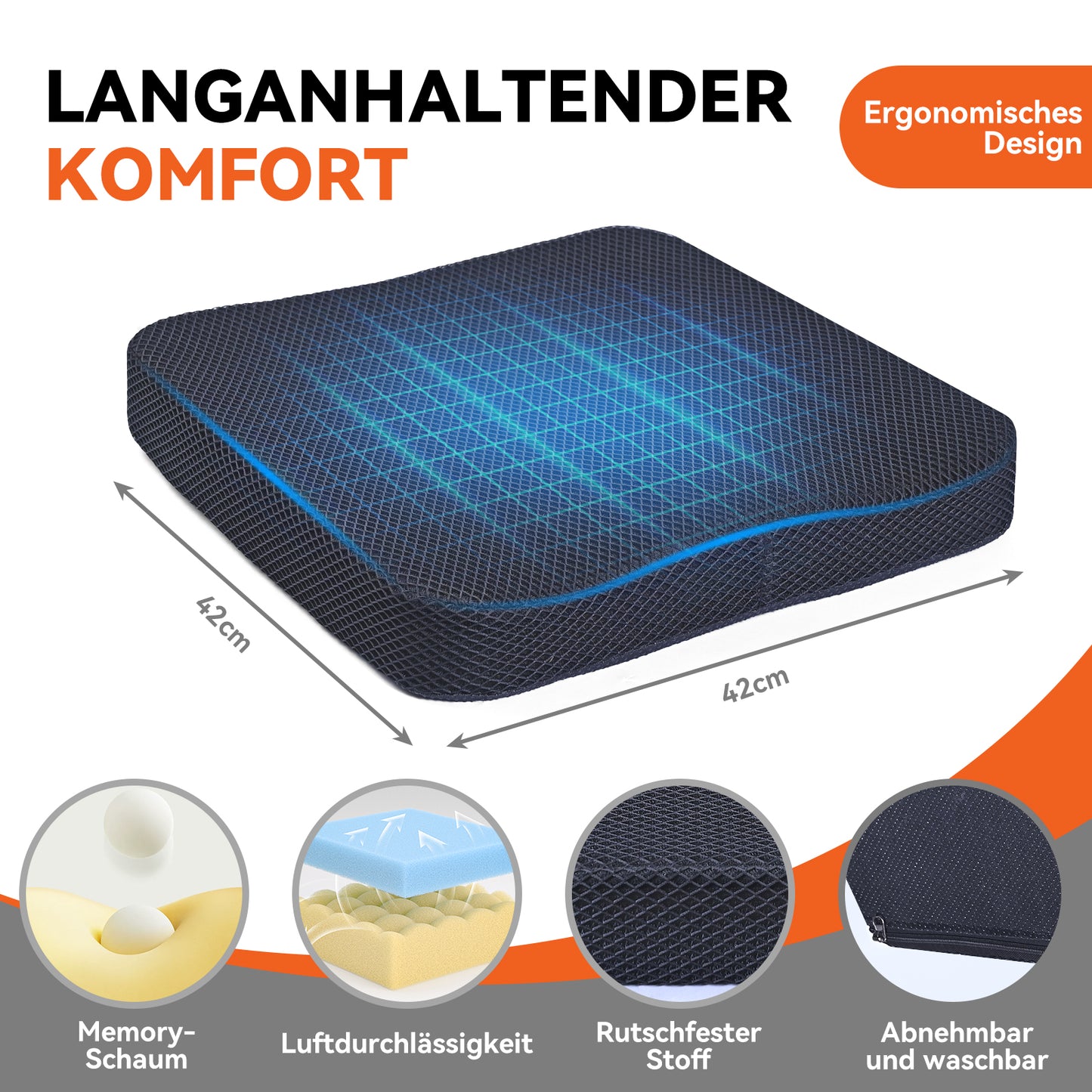 Invvqu ZD01 – Ergonomisches Sitzkissen aus Memory-Schaum, 42 × 42 cm, druckentlastend