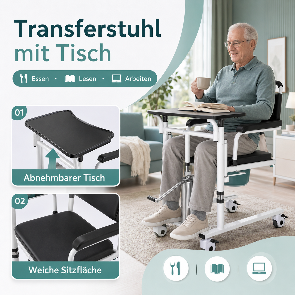 Invvqu L01-LS Transferstuhl mit Toilettenfunktion, 180° Sitz, hydraulisch höhenverstellbar