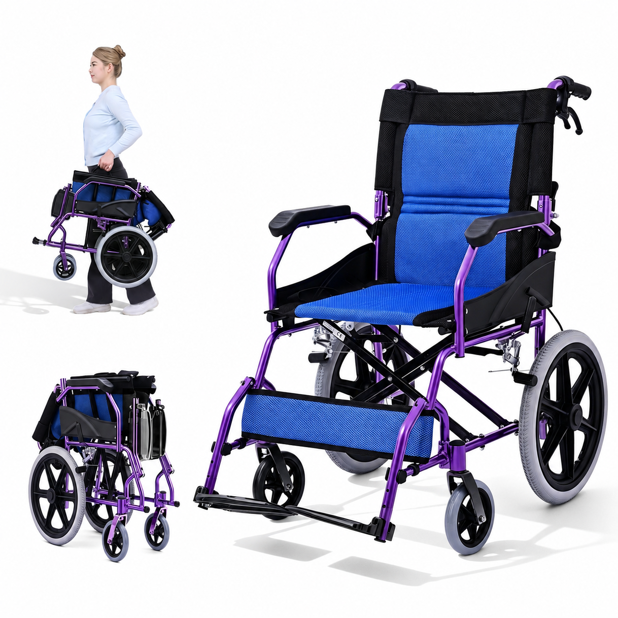 Invvqu M3-L – Faltbarer leichter Senioren-Begleitrollstuhl, 10 kg, 100 kg Tragkraft, Aluminium