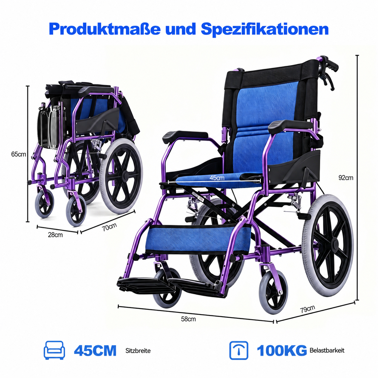 Invvqu M3-L – Faltbarer leichter Senioren-Begleitrollstuhl, 10 kg, 100 kg Tragkraft, Aluminium