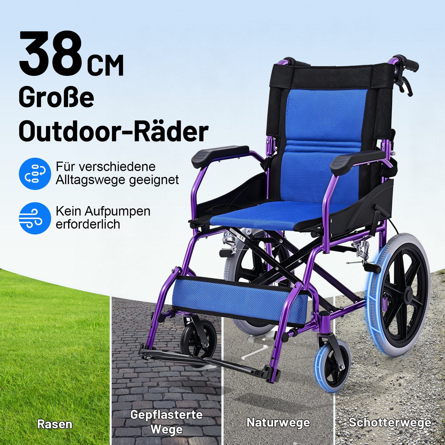 Invvqu M3-L – Faltbarer leichter Senioren-Begleitrollstuhl, 10 kg, 100 kg Tragkraft, Aluminium