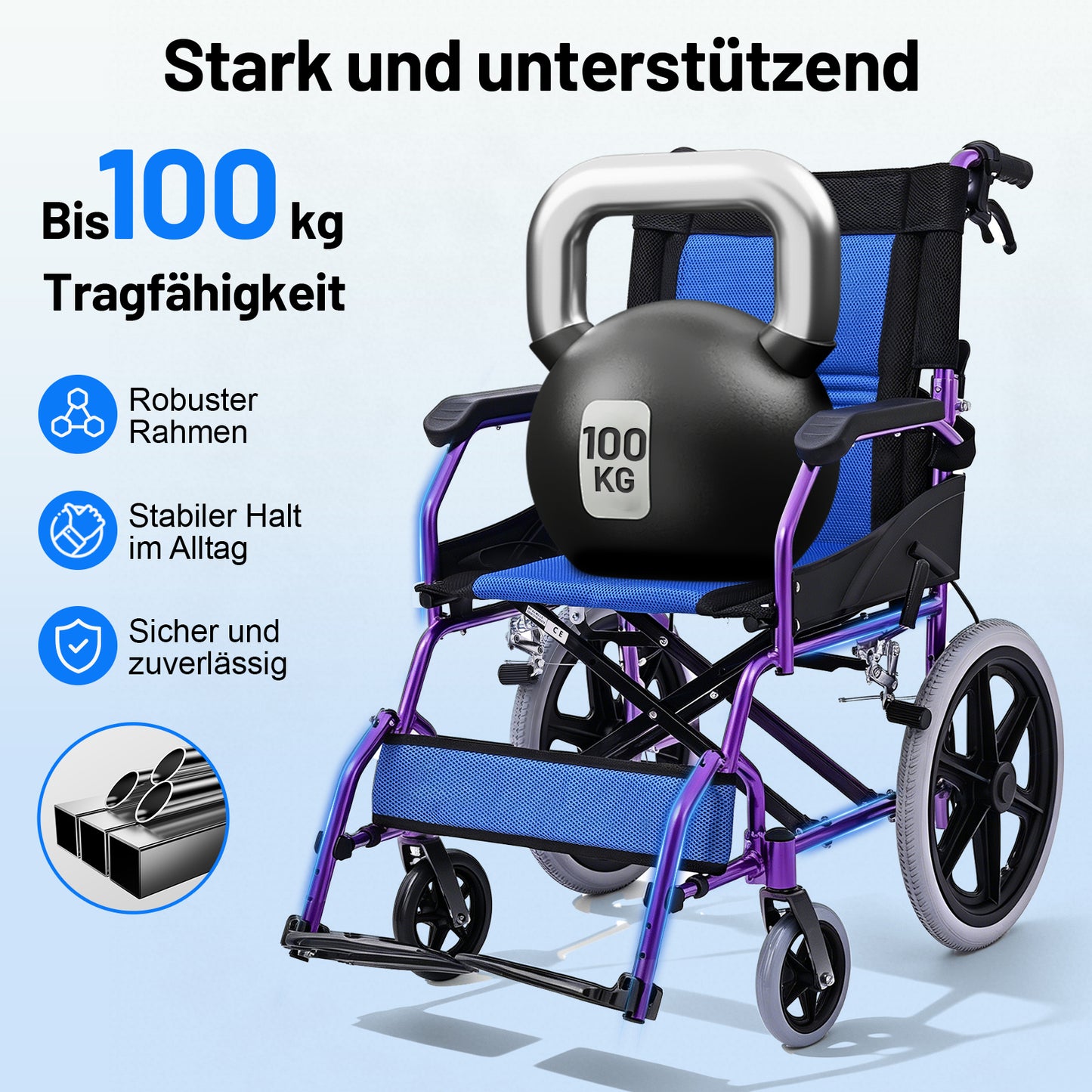 Invvqu M3-L – Faltbarer leichter Senioren-Begleitrollstuhl, 10 kg, 100 kg Tragkraft, Aluminium