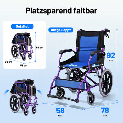 Invvqu M3-L – Faltbarer leichter Senioren-Begleitrollstuhl, 10 kg, 100 kg Tragkraft, Aluminium