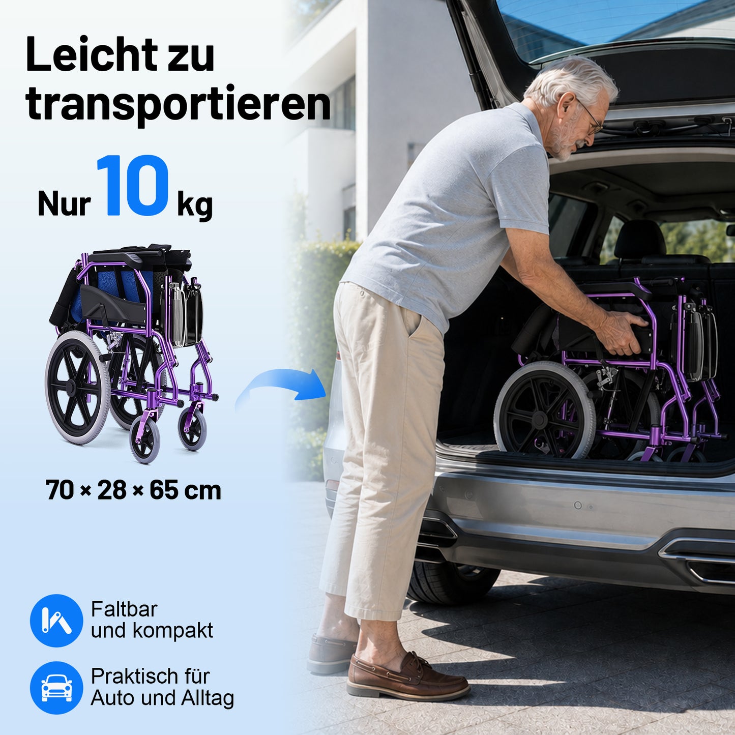 Invvqu M3-L – Faltbarer leichter Senioren-Begleitrollstuhl, 10 kg, 100 kg Tragkraft, Aluminium