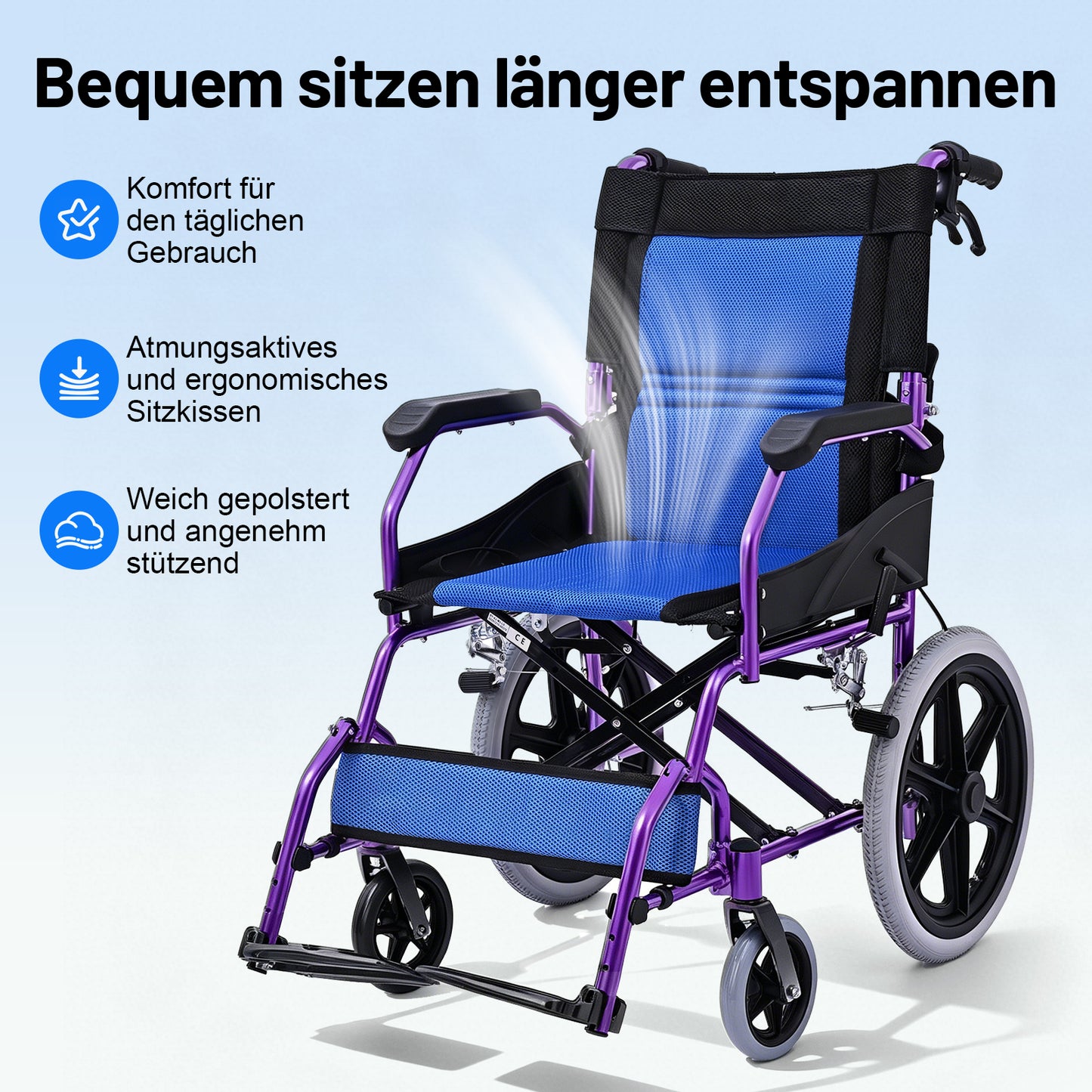 Invvqu M3-L – Faltbarer leichter Senioren-Begleitrollstuhl, 10 kg, 100 kg Tragkraft, Aluminium