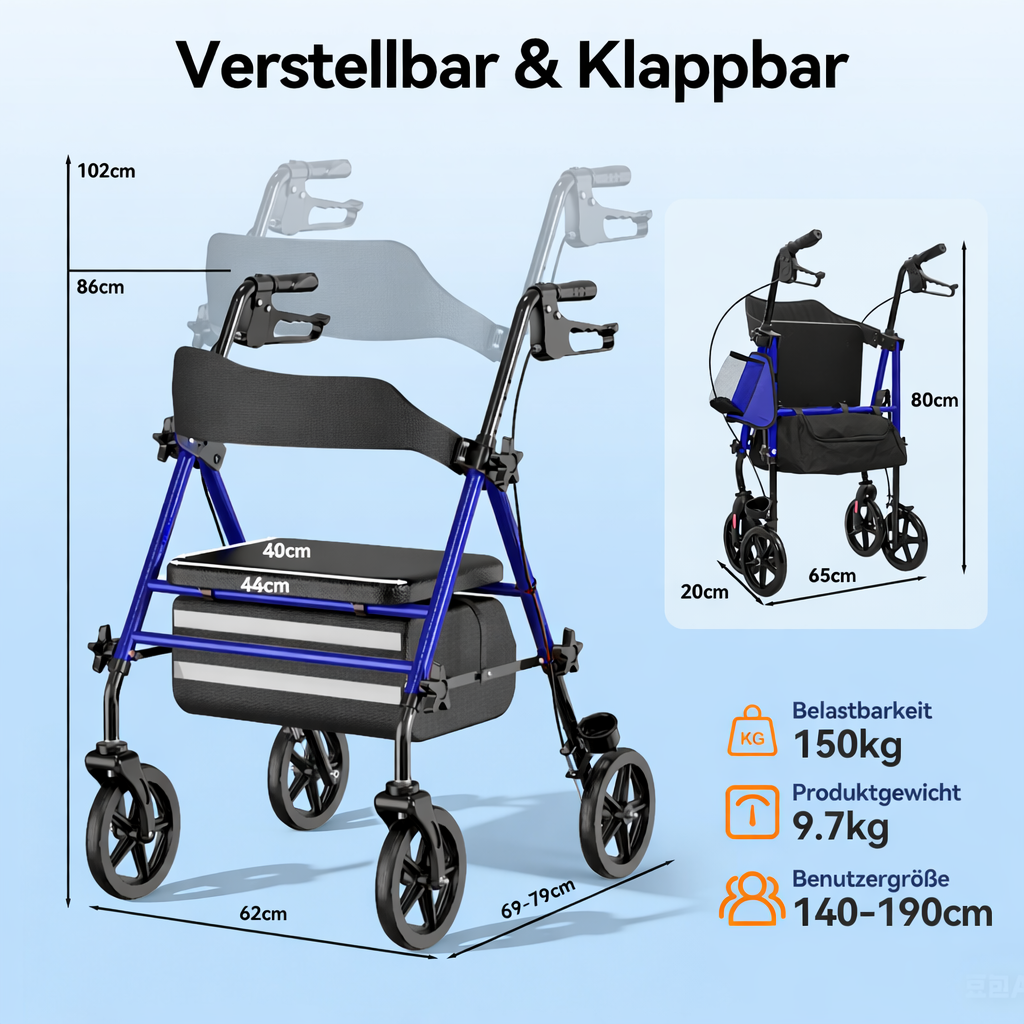 Invvqu W4-B – Stabiler Rollator mit Sitz & Tasche, 150 kg Tragkraft, 8-Zoll-Räder, Blau