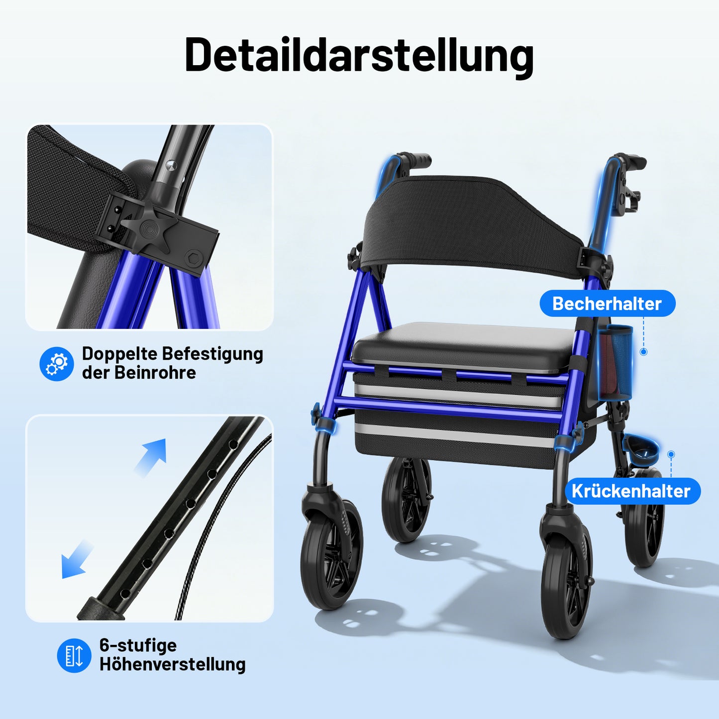 Invvqu W4-B – Stabiler Rollator mit Sitz & Tasche, 150 kg Tragkraft, 8-Zoll-Räder, Blau