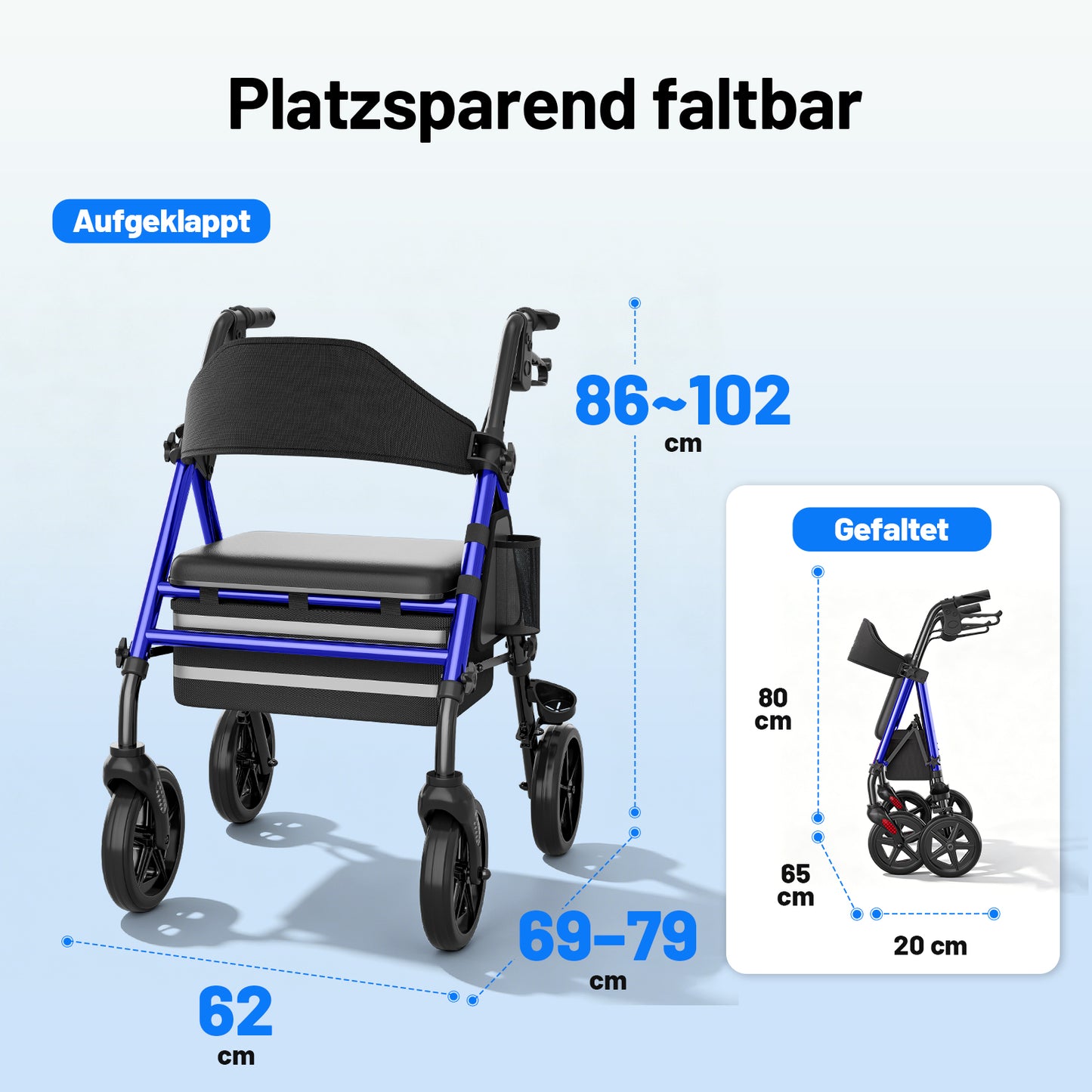 Invvqu W4-B – Stabiler Rollator mit Sitz & Tasche, 150 kg Tragkraft, 8-Zoll-Räder, Blau