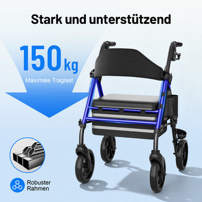 Invvqu W4-B – Stabiler Rollator mit Sitz & Tasche, 150 kg Tragkraft, 8-Zoll-Räder, Blau