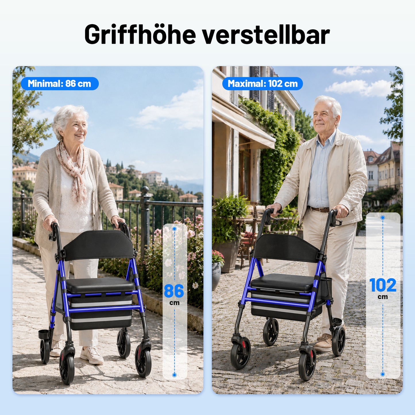 Invvqu W4-B – Stabiler Rollator mit Sitz & Tasche, 150 kg Tragkraft, 8-Zoll-Räder, Blau