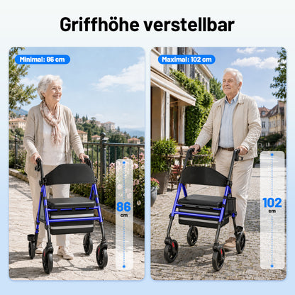 Invvqu W4-B – Stabiler Rollator mit Sitz & Tasche, 150 kg Tragkraft, 8-Zoll-Räder, Blau