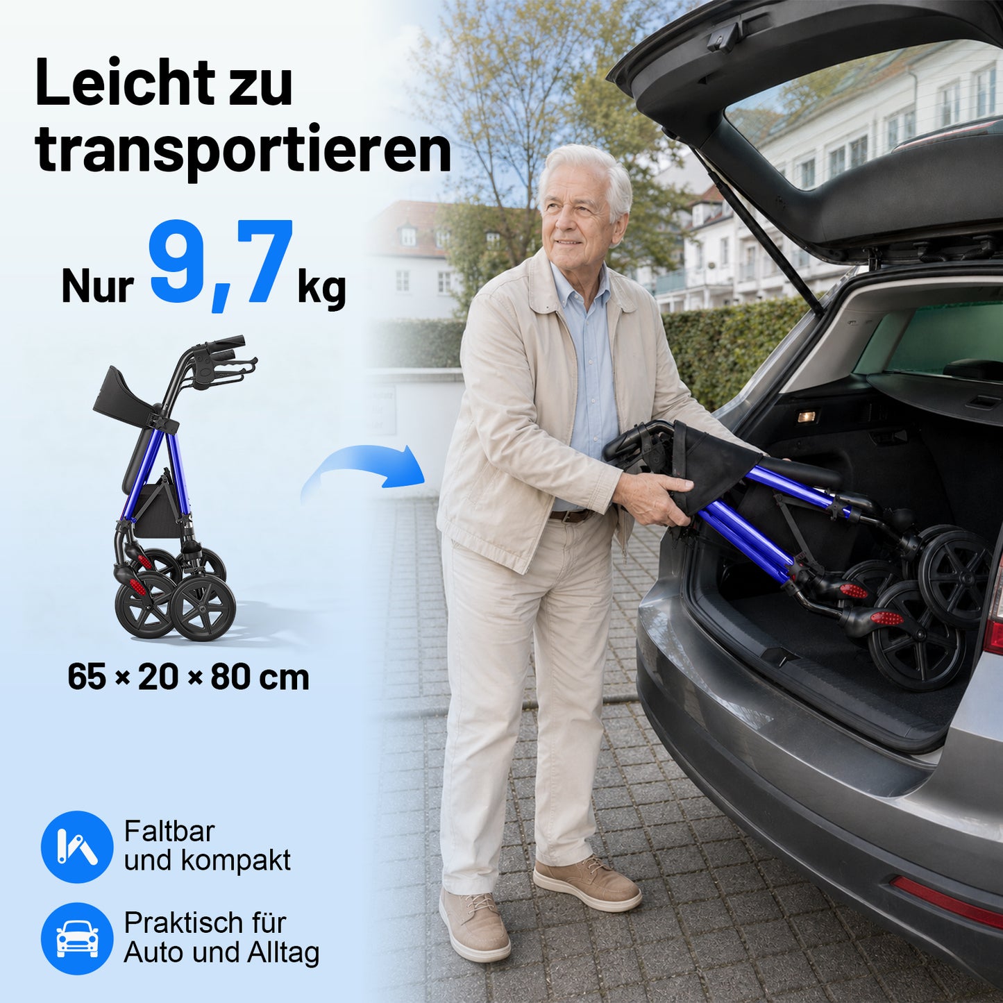 Invvqu W4-B – Stabiler Rollator mit Sitz & Tasche, 150 kg Tragkraft, 8-Zoll-Räder, Blau